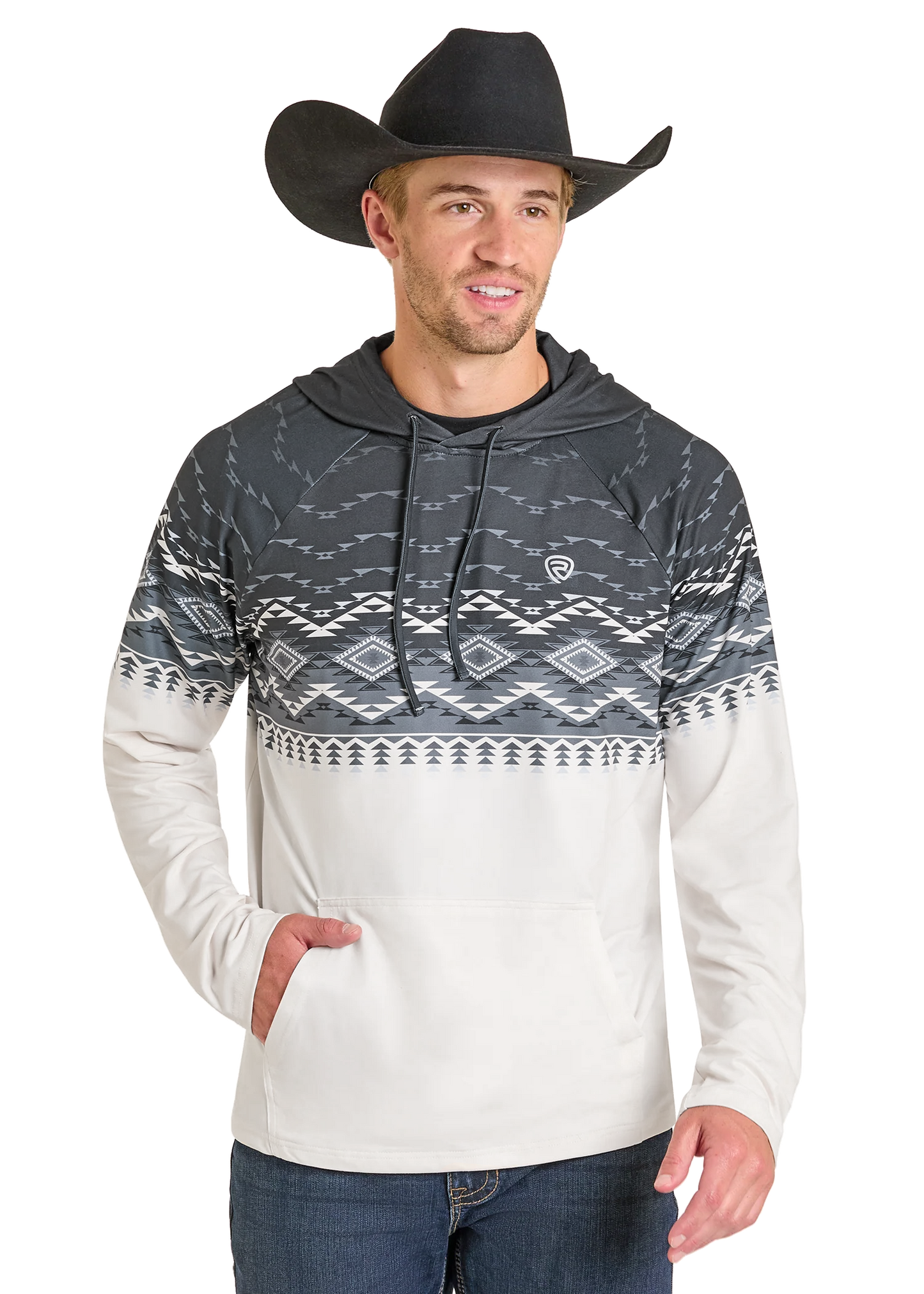Man wearing a patterned hoodie with a white background