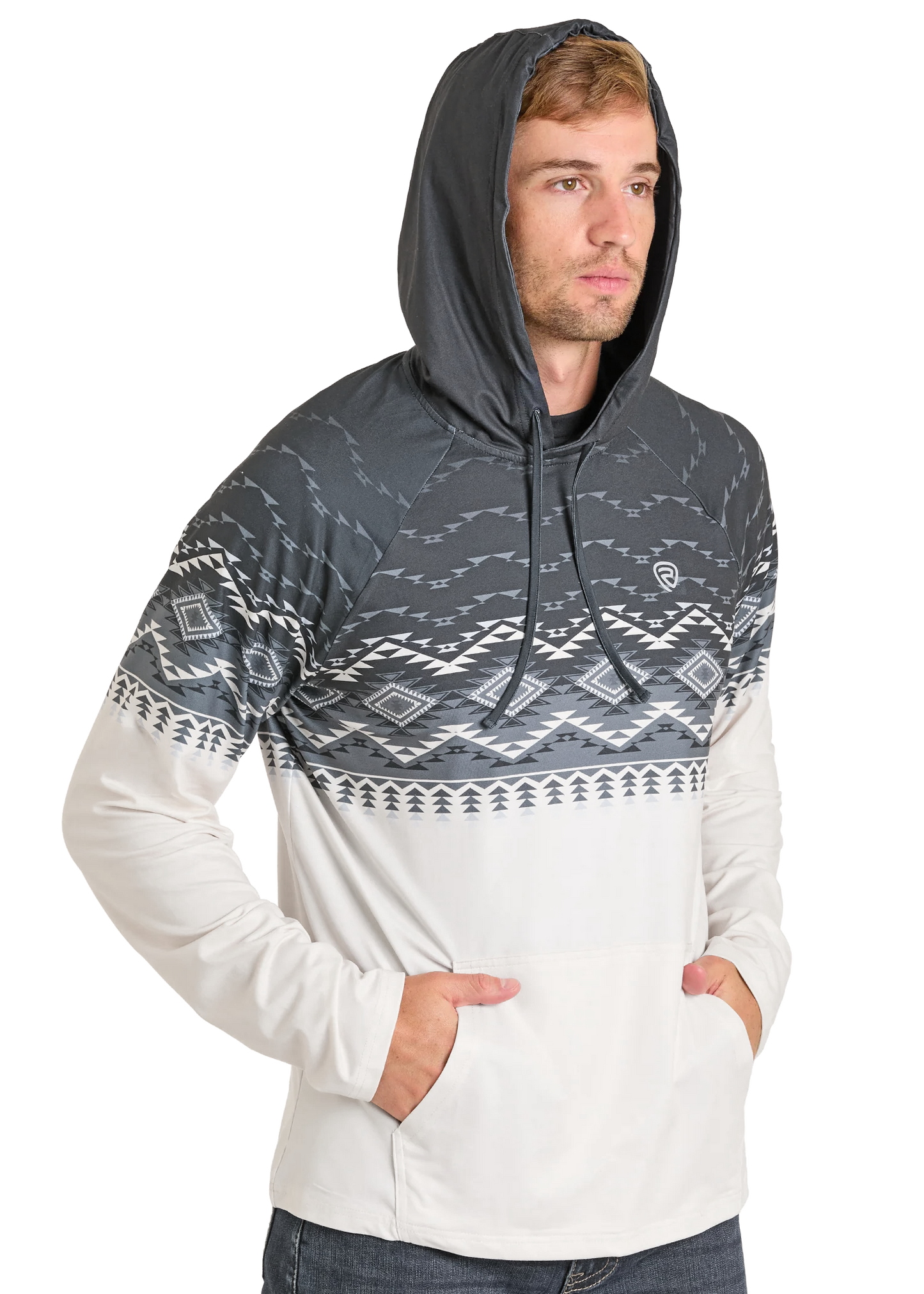 Man wearing a hoodie with a patterned design on a white background