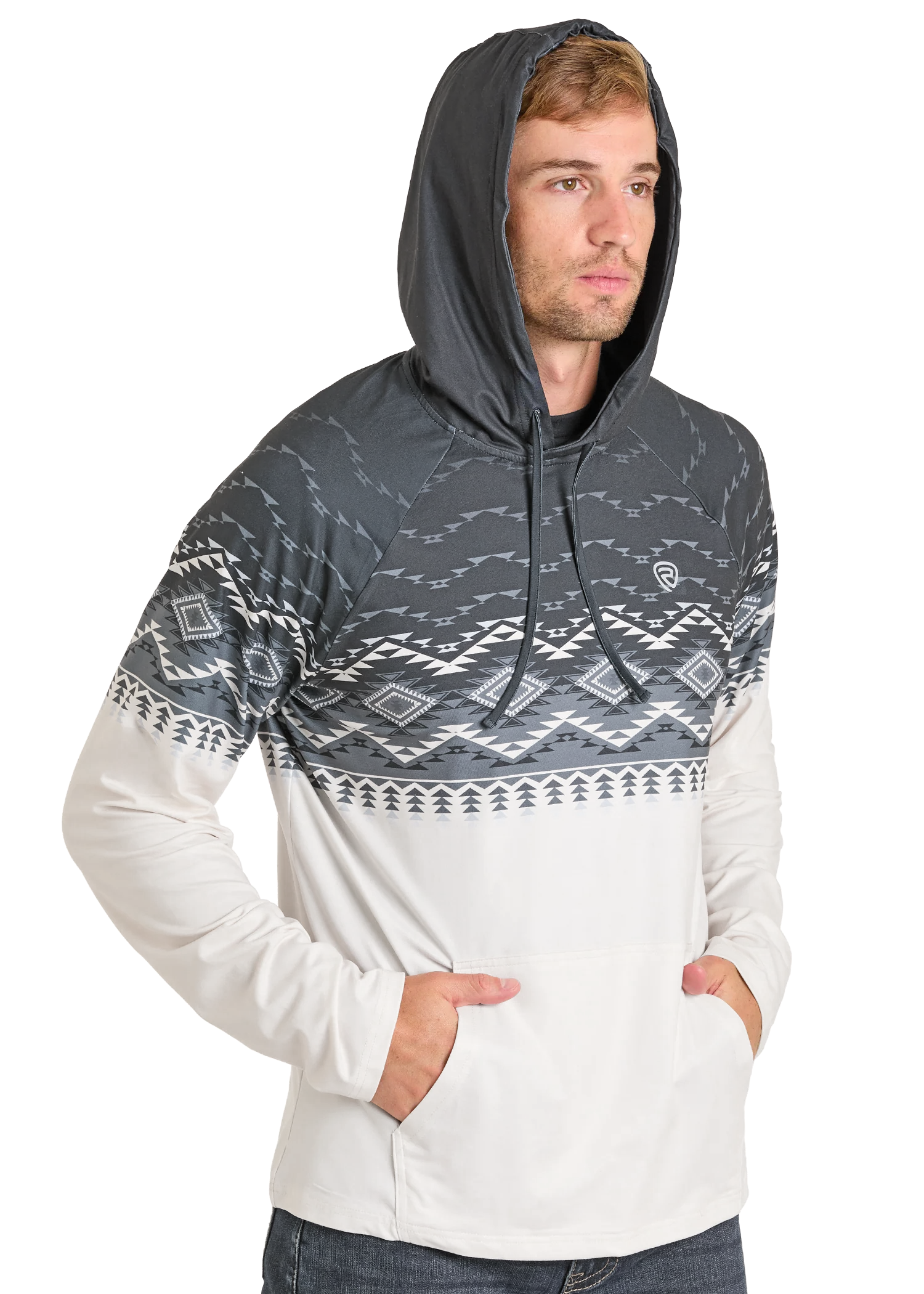 Man wearing a hoodie with a patterned design on a white background