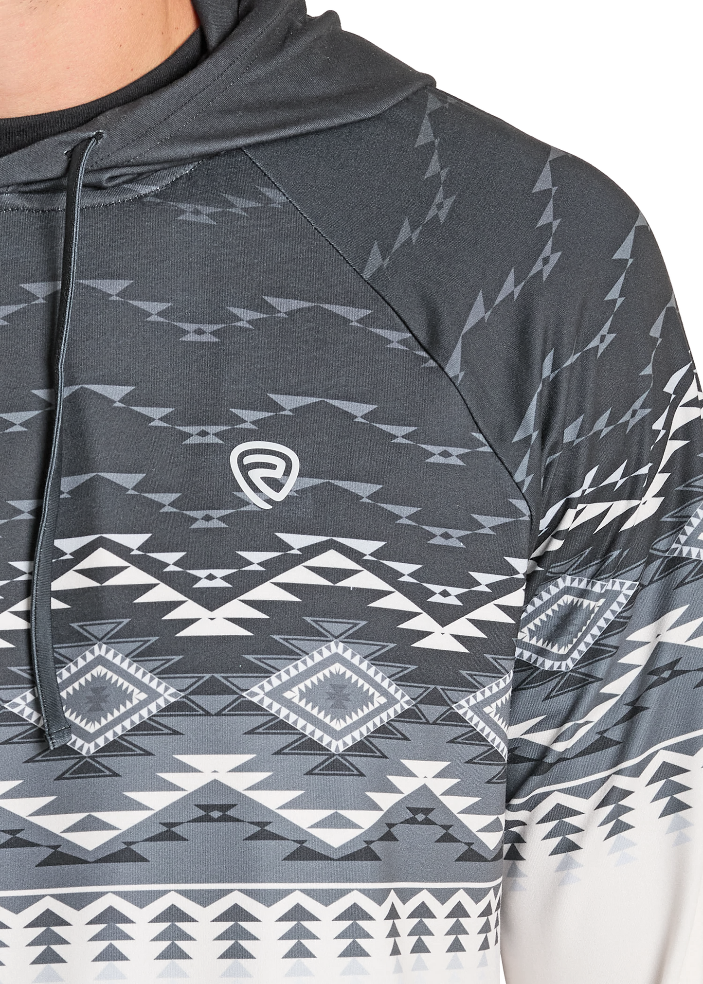 Hoodie with geometric pattern and brand logo on a white background