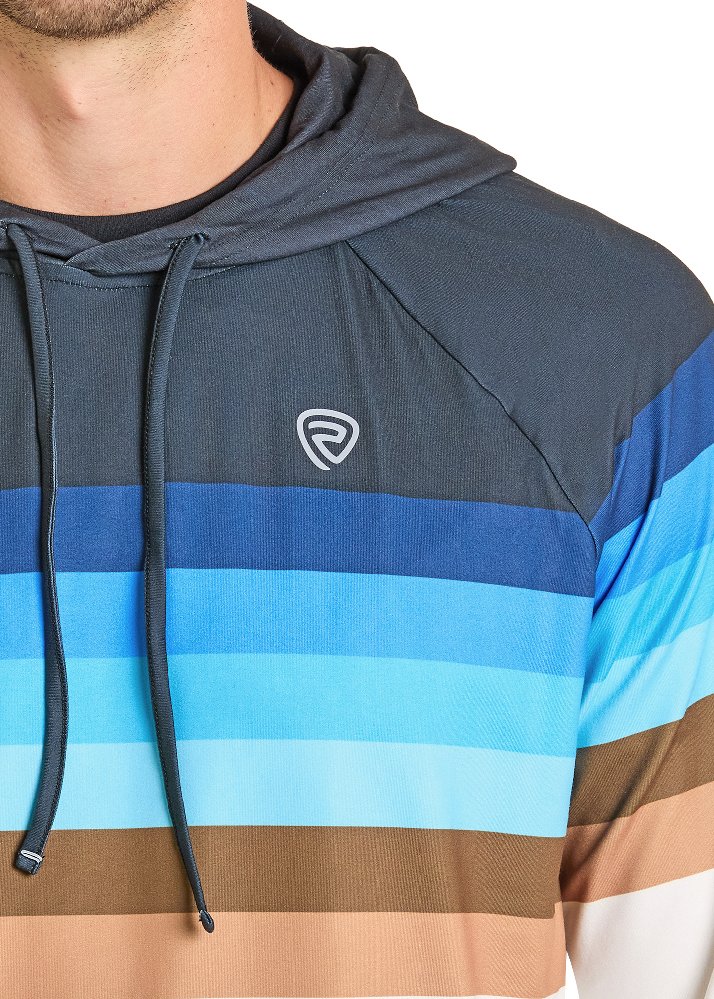 A person wears the Rock & Roll Denim Striped Border Performance Hoodie, featuring blue, brown, and tan horizontal stripes, a small round chest logo, and moisture-wicking fabric. Only their upper torso and part of neck are visible.