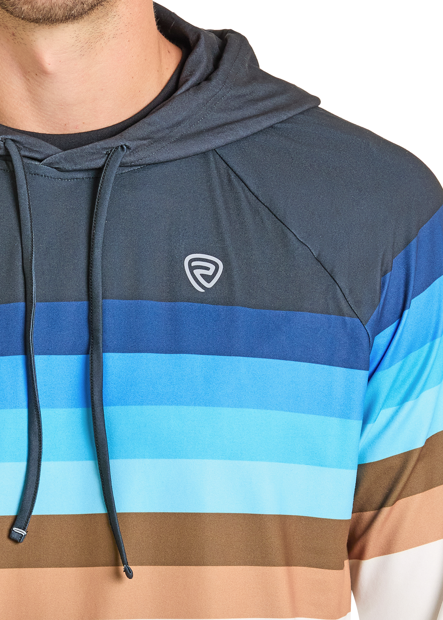 A person wears the Rock & Roll Denim Striped Border Performance Hoodie, featuring blue, brown, and tan horizontal stripes, a small round chest logo, and moisture-wicking fabric. Only their upper torso and part of neck are visible.