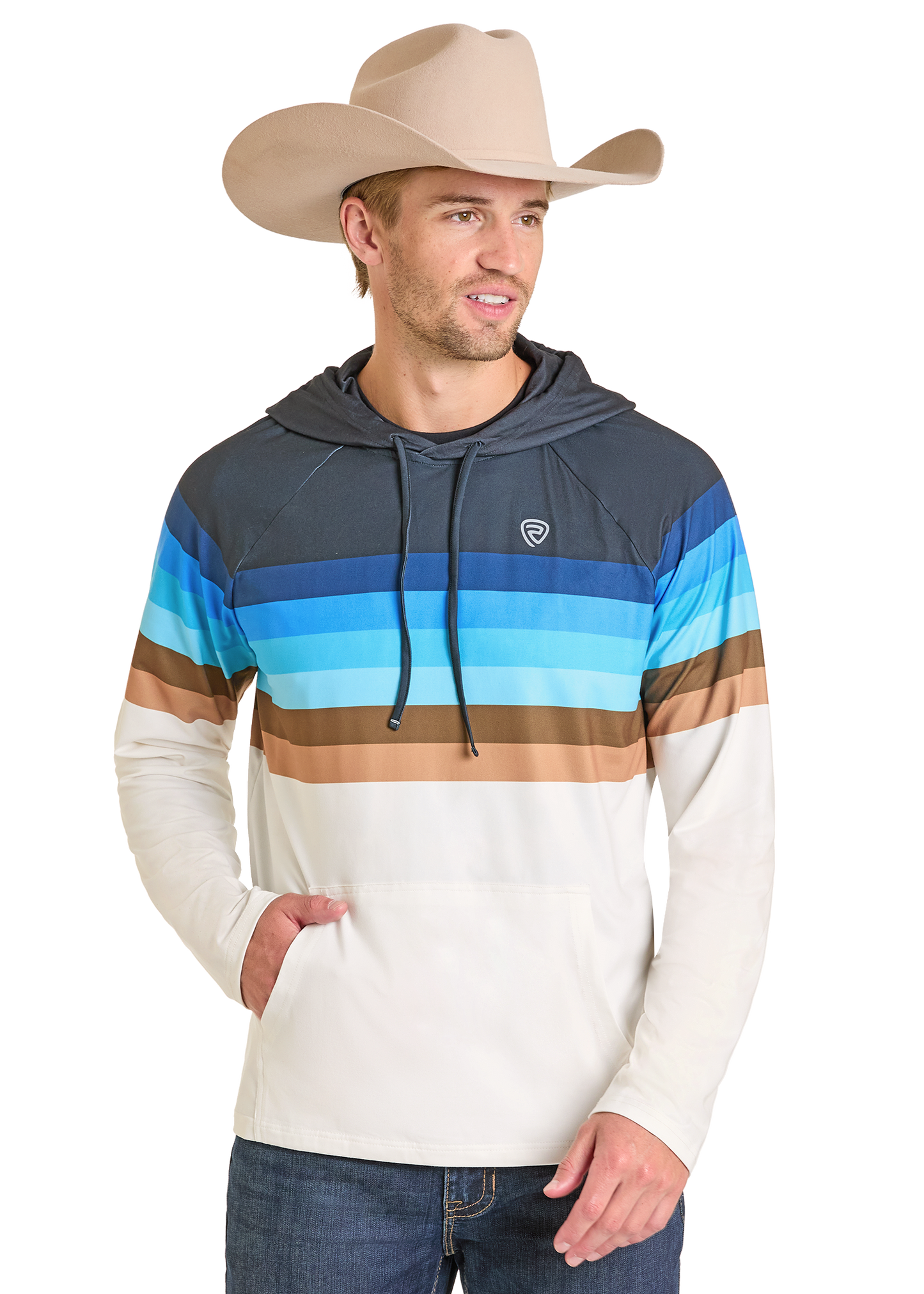 A man in a tan cowboy hat and a Rock & Roll Denim Striped Border Performance Hoodie, featuring horizontal blue, brown, and white stripes, stands with one hand in his pocket, smiling as he looks to the side.