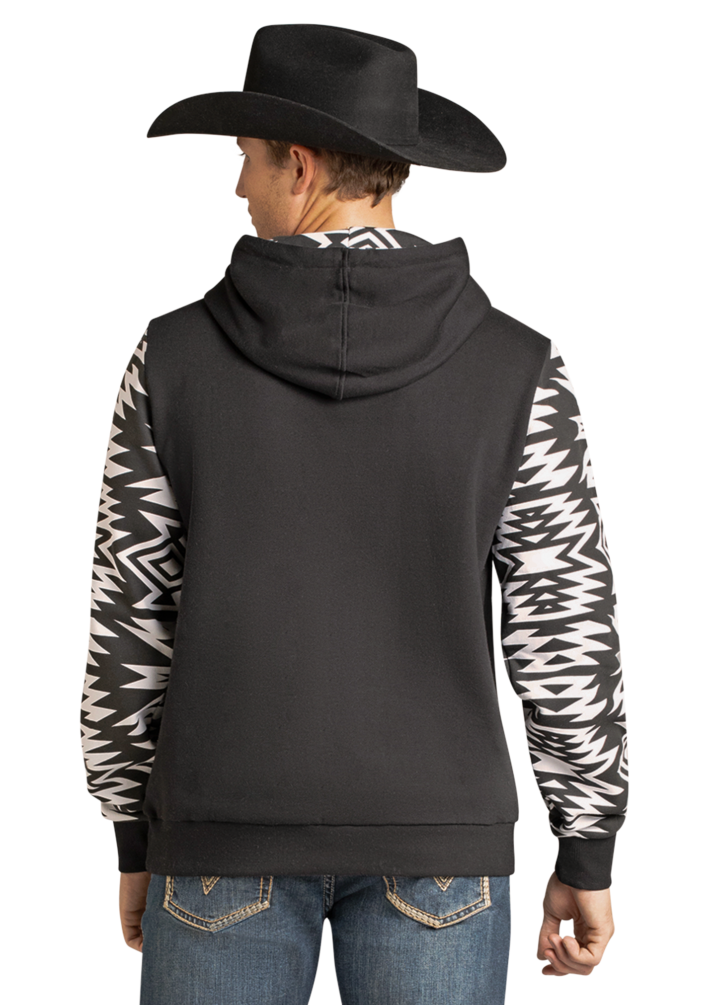 Person wearing a black hoodie with white geometric patterns on sleeves and back, standing against a white background.