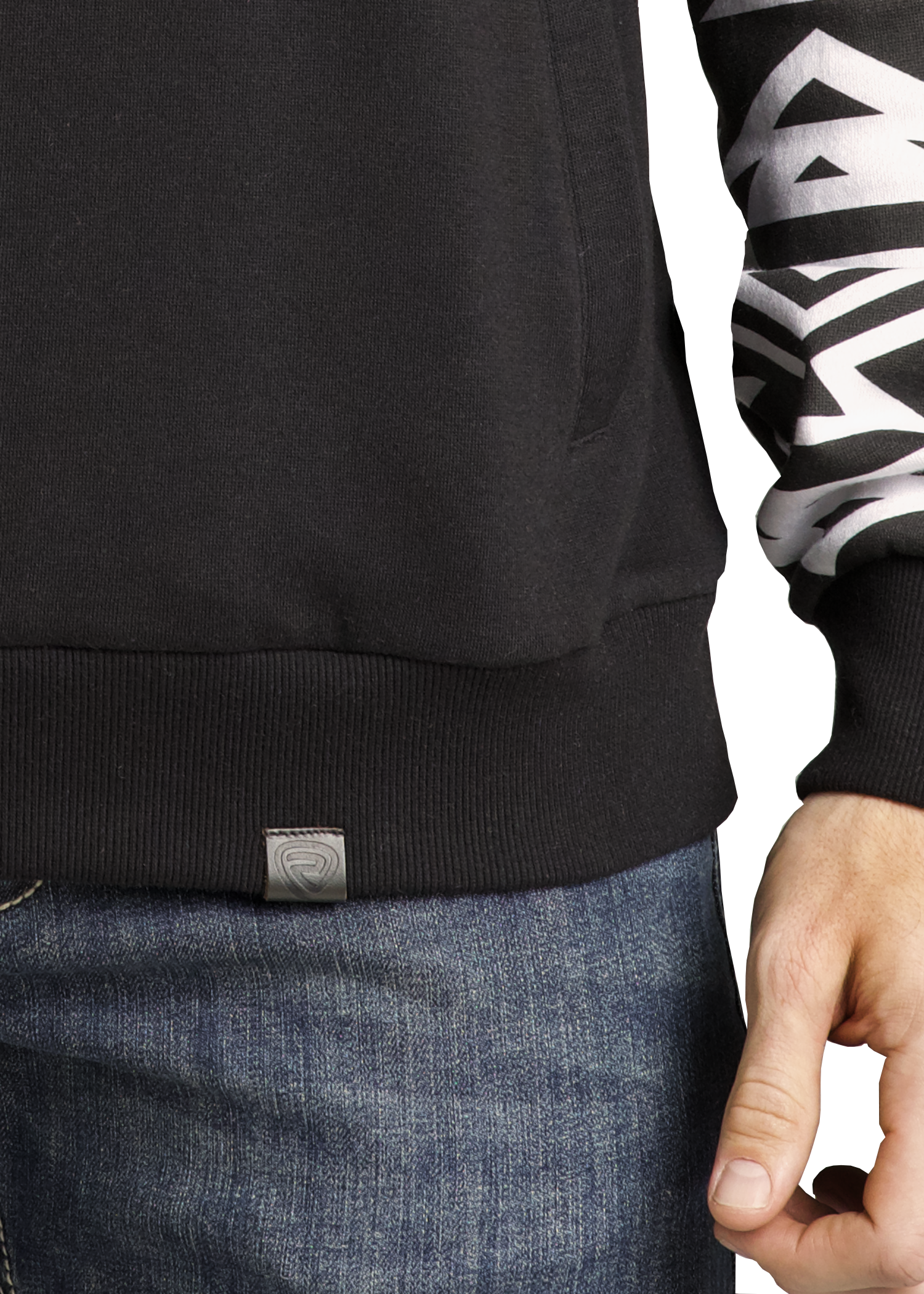 Black sweater with a brand logo worn by a person, with a white background