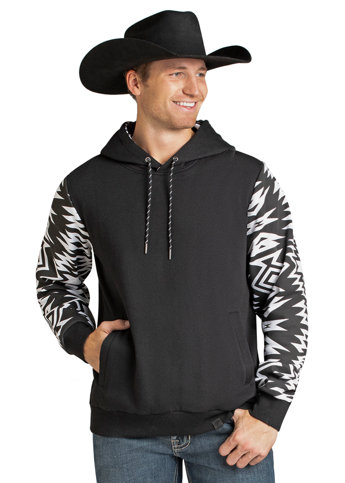 Man wearing a black hoodie with patterned sleeves and a cowboy hat on a white background