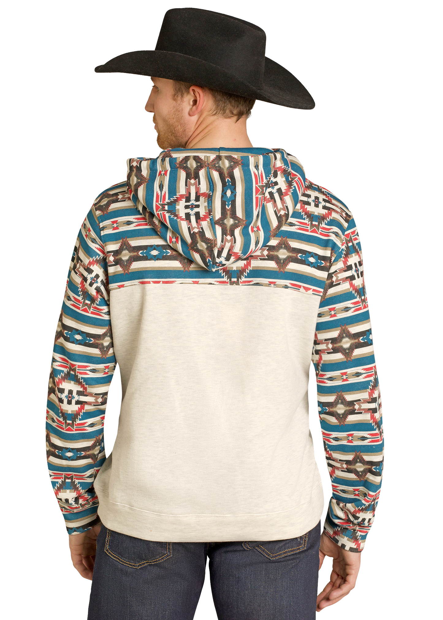 Man wearing a patterned hoodie with a hood, back view
