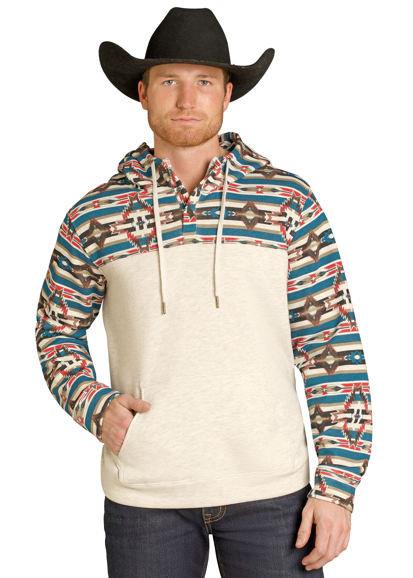 Man wearing a patterned hoodie and cowboy hat on a white background