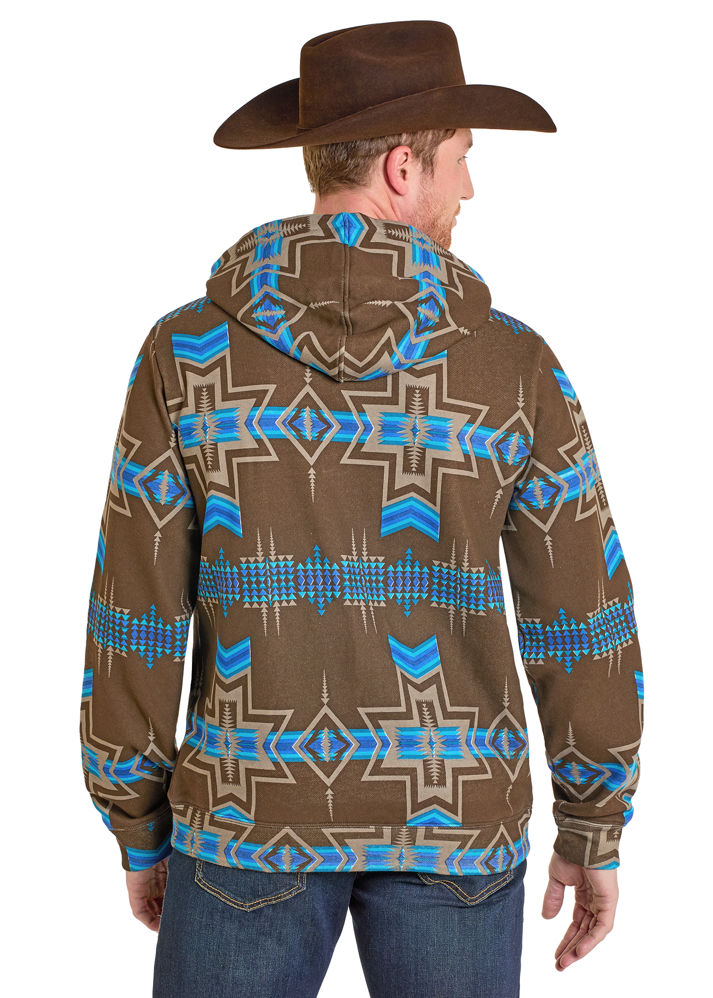 Man wearing a brown hoodie with blue geometric pattern and a cowboy hat on a white background