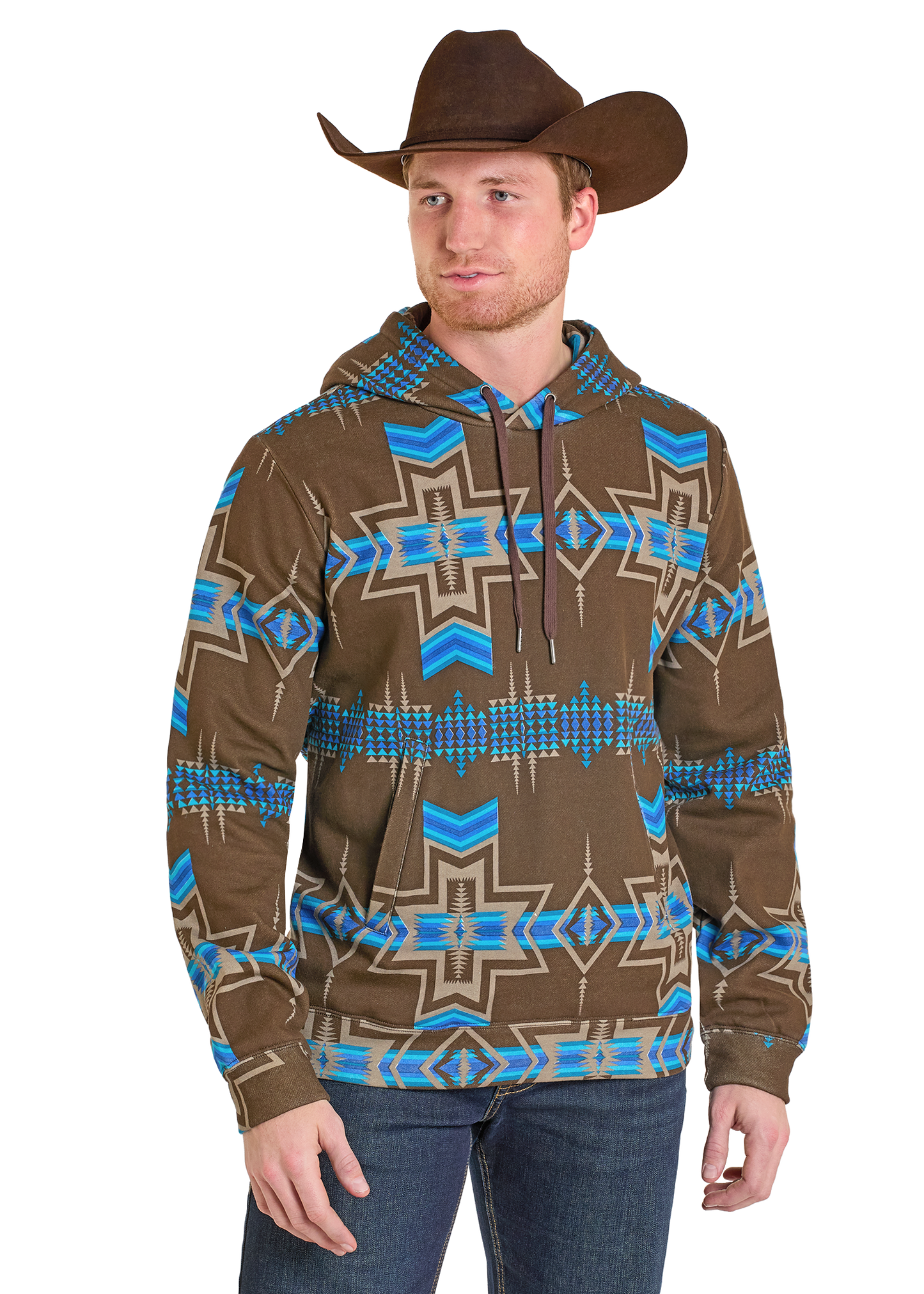 Man wearing a brown and blue patterned hoodie with a cowboy hat on a white background