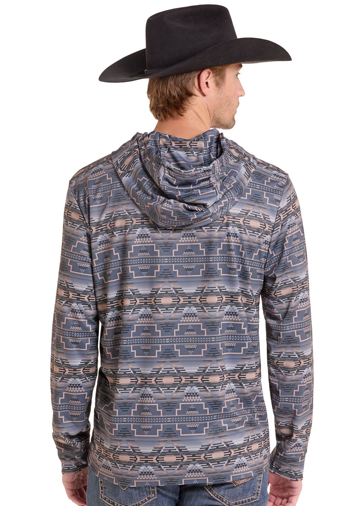 The back of a Man wearing a performance hoodie.