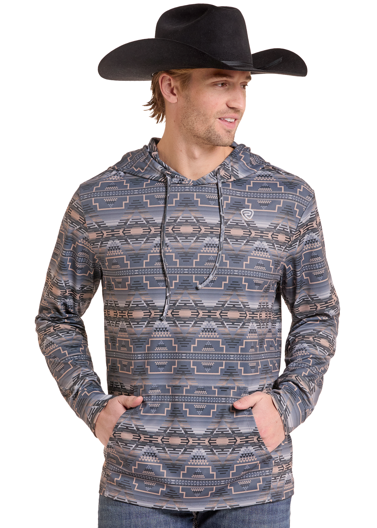Man wearing an Aztec performance hoodie. 