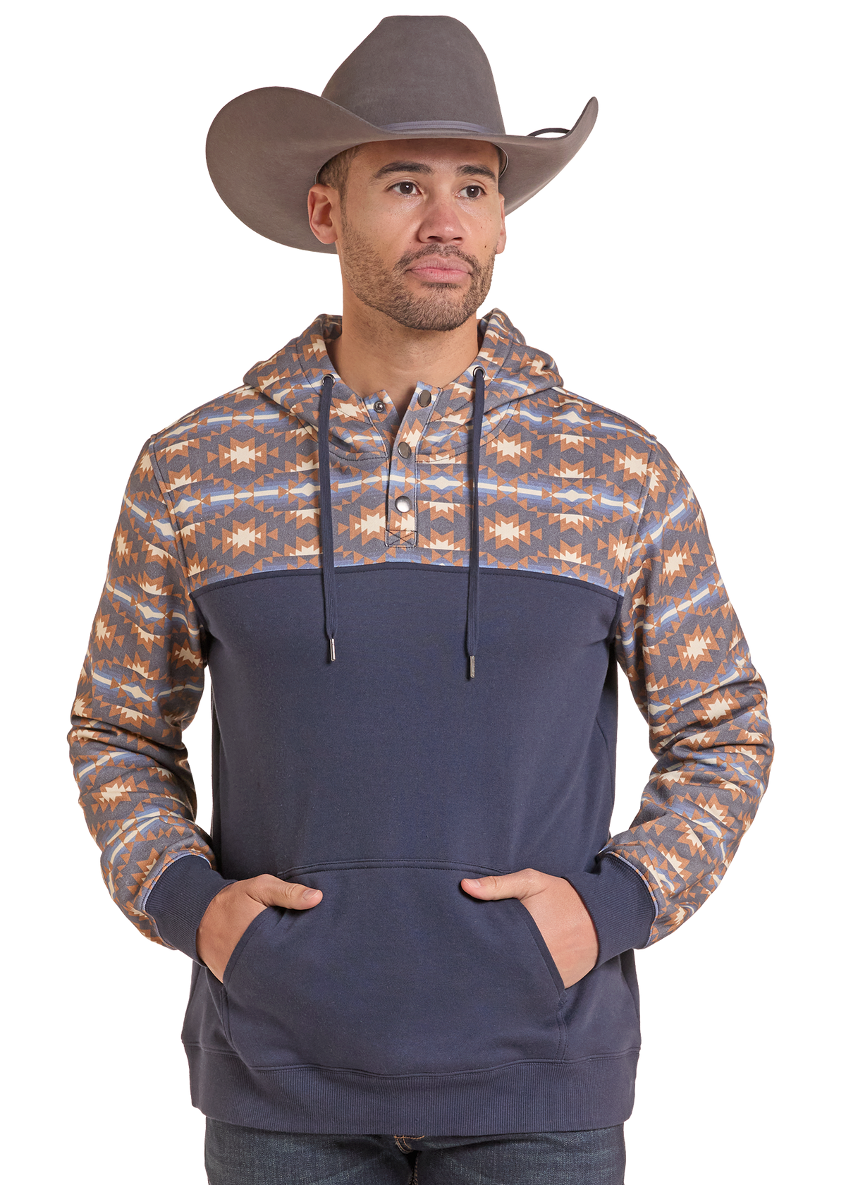 Man in an Aztec and blue Henley snap hoodie.