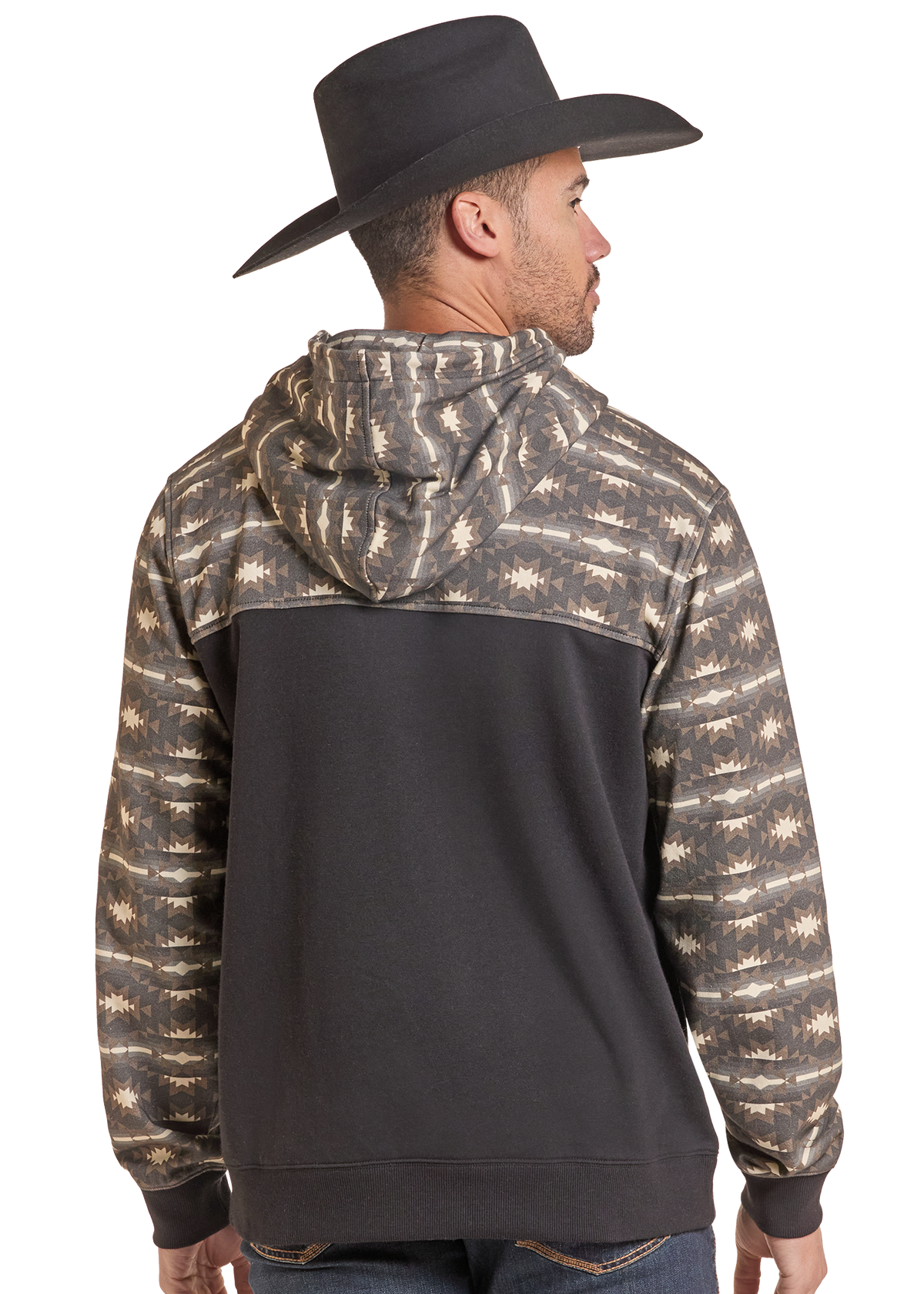 The back of a man wearing a color block Henley hoodie. 