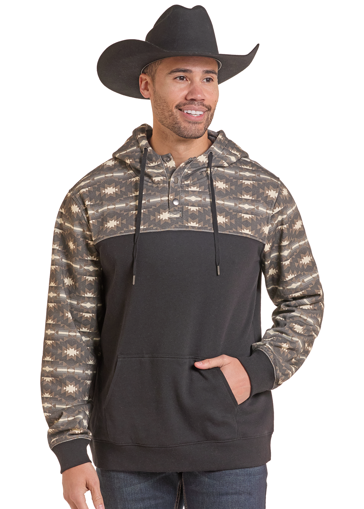 Man wearing a color block Henley hoodie. 