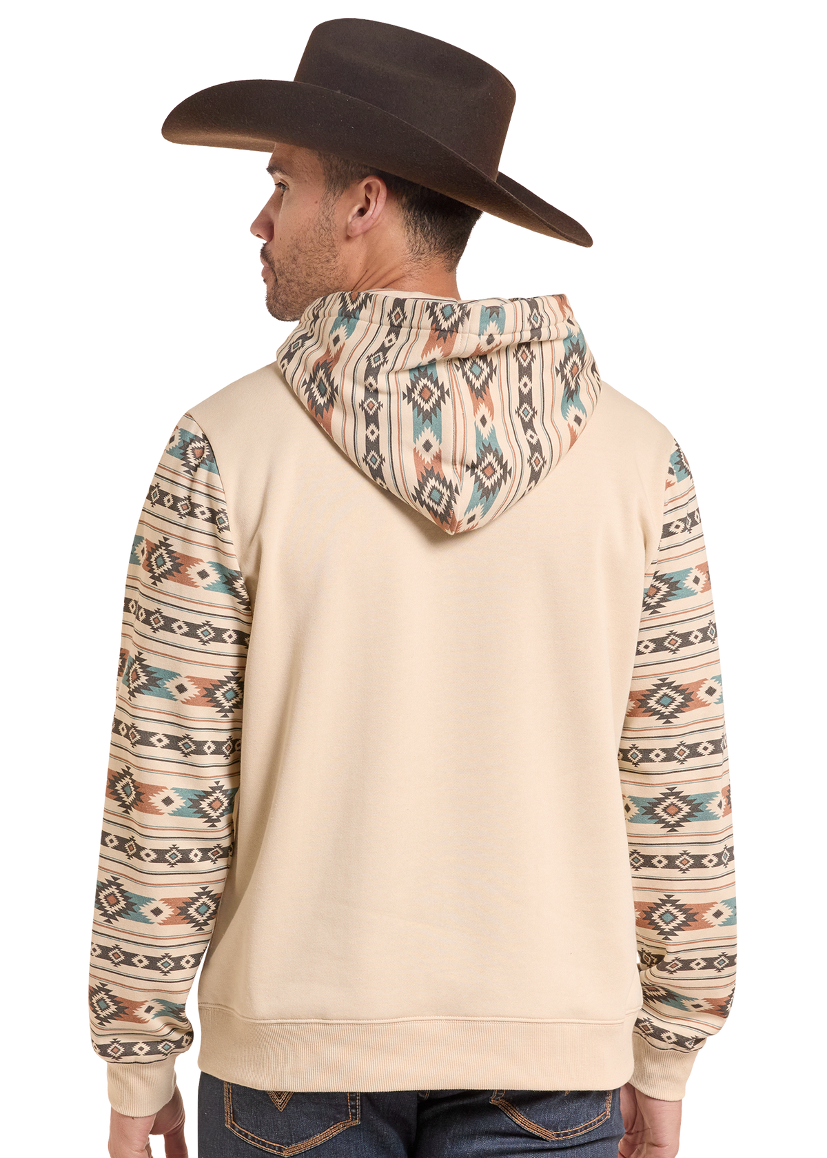The back of a man wearing an Aztec color block performance hoodie. 