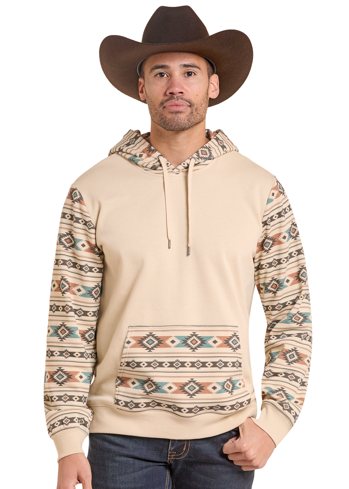 Man in an Aztec color block performance sweatshirt. 