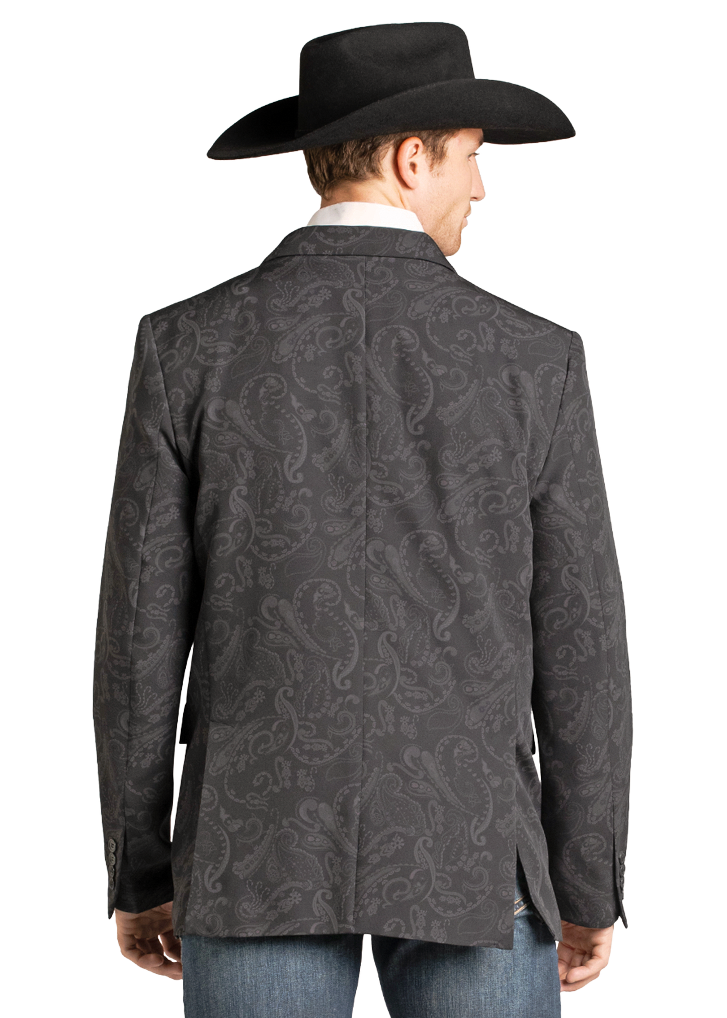 Man wearing a gray patterned jacket and black cowboy hat on a white background