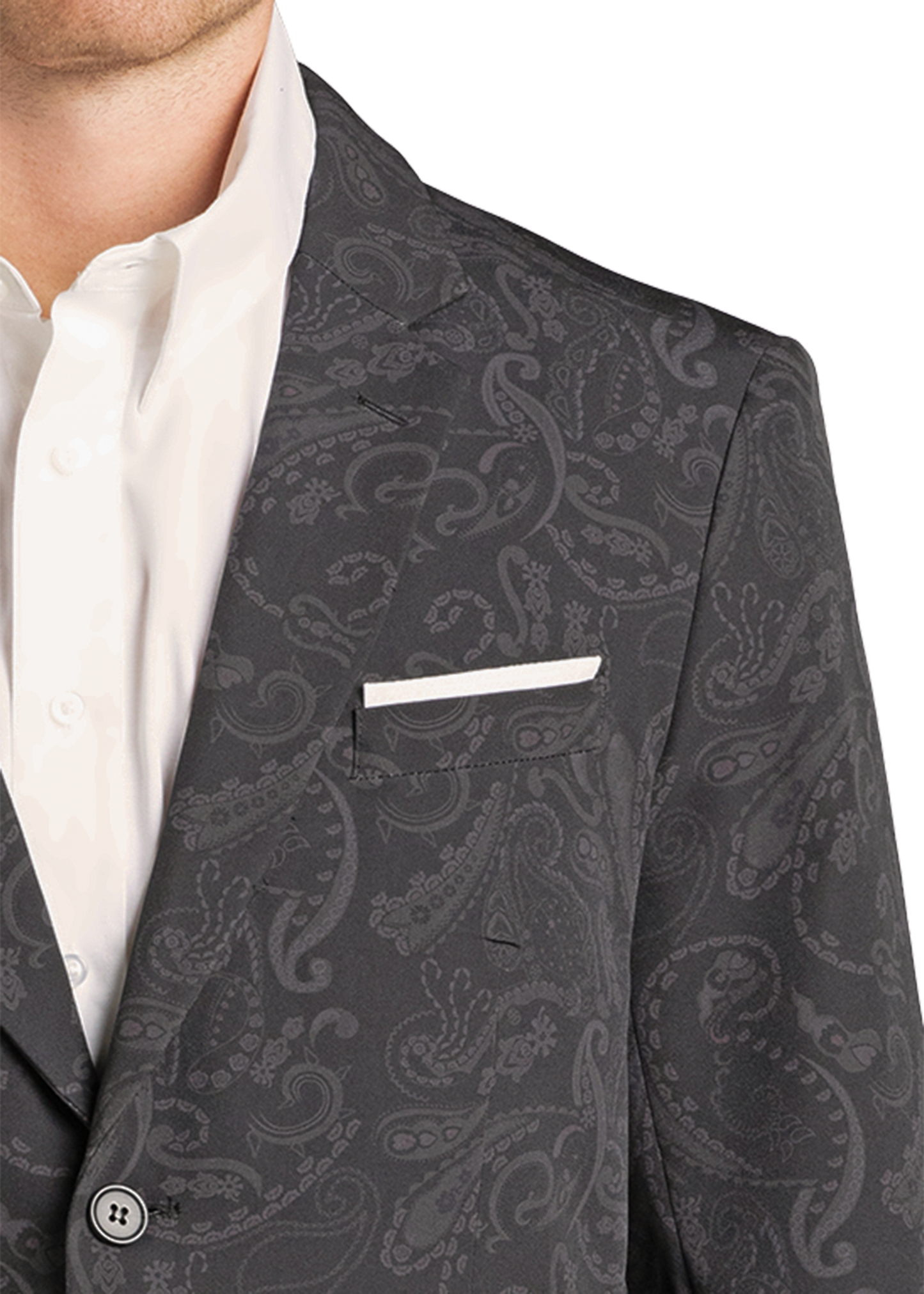 Gray paisley patterned suit jacket with a white shirt underneath on a white background