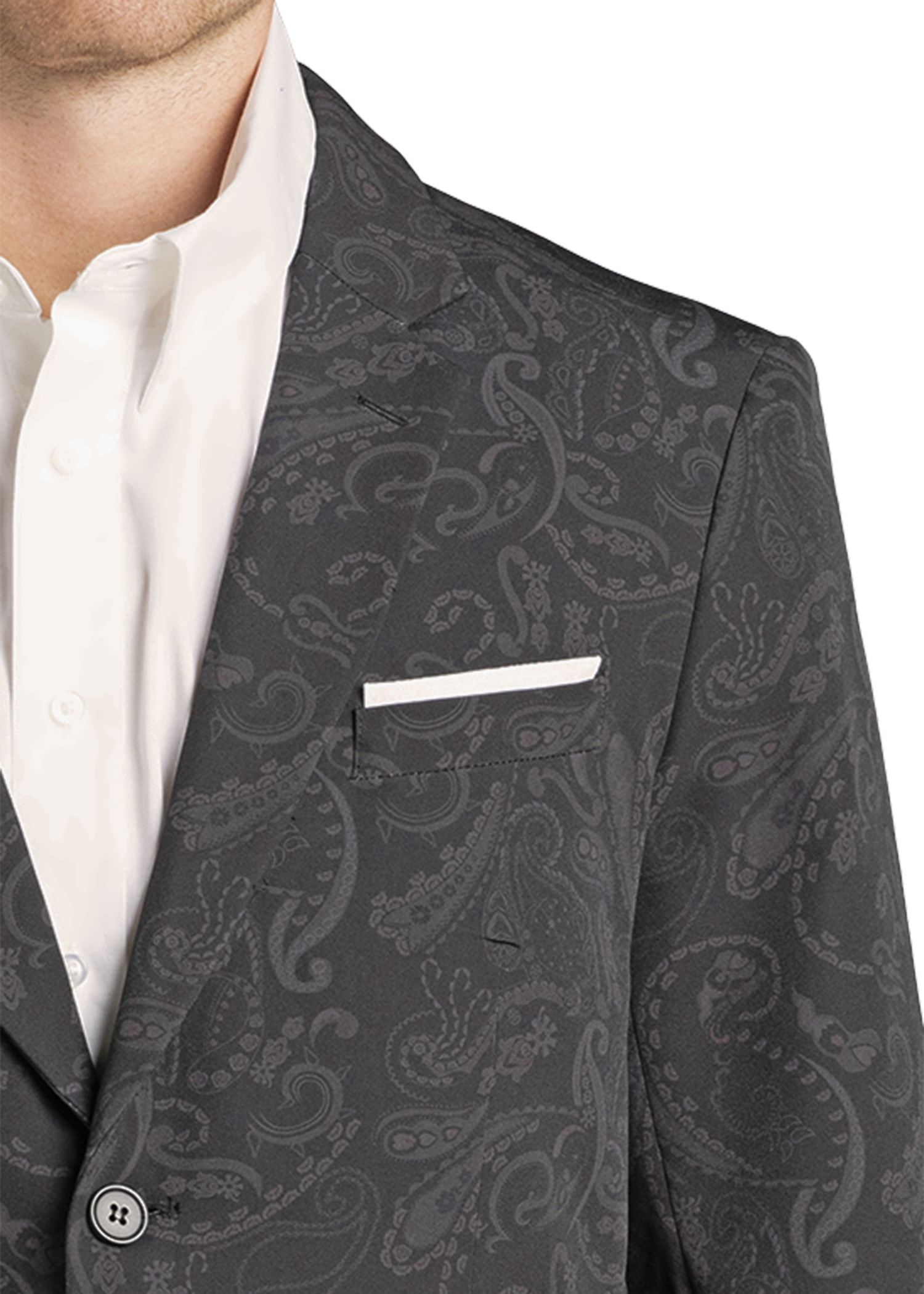 Gray paisley patterned suit jacket with a white shirt underneath on a white background