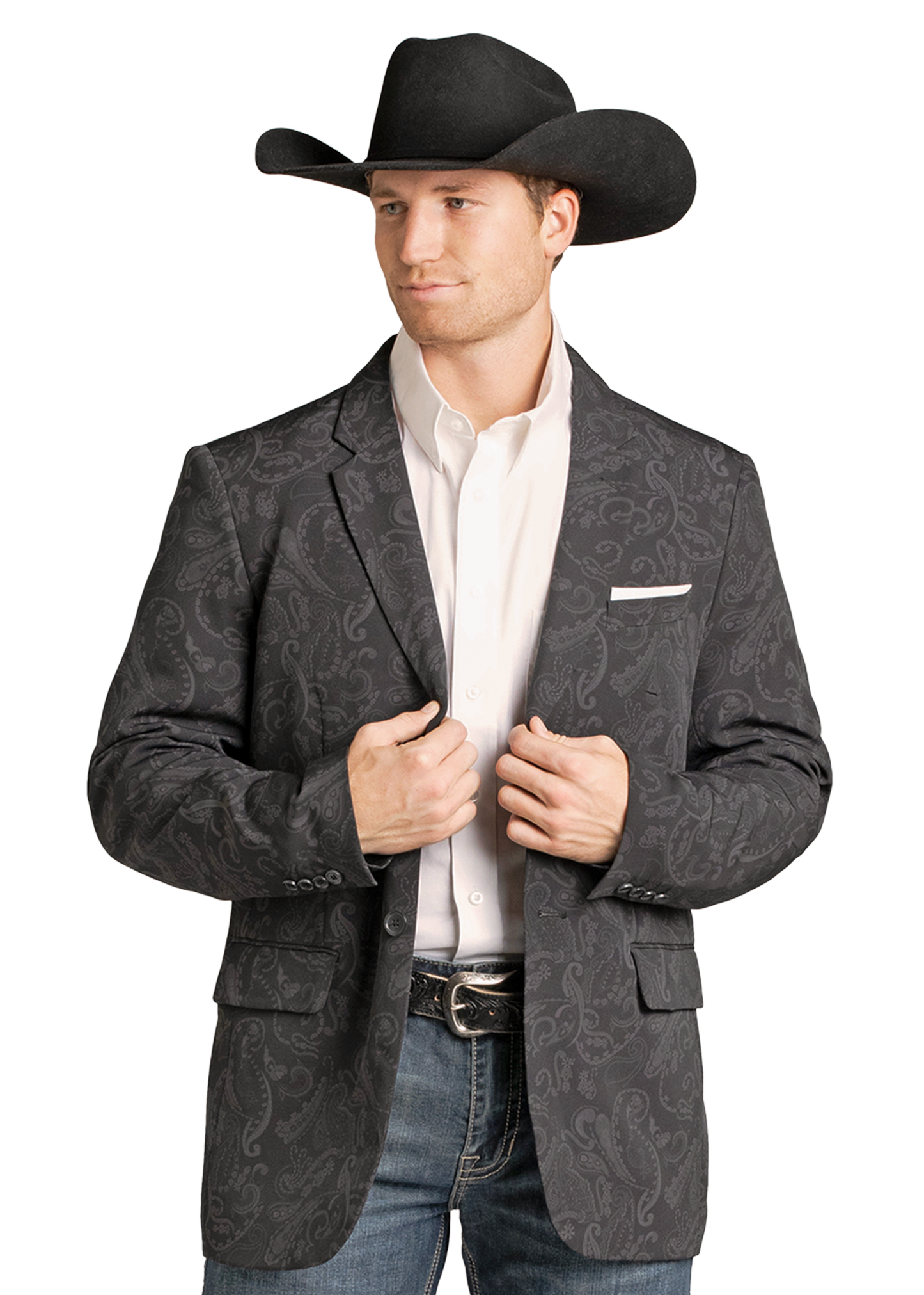 Man wearing a gray patterned blazer, white shirt, black cowboy hat, and jeans on a white background