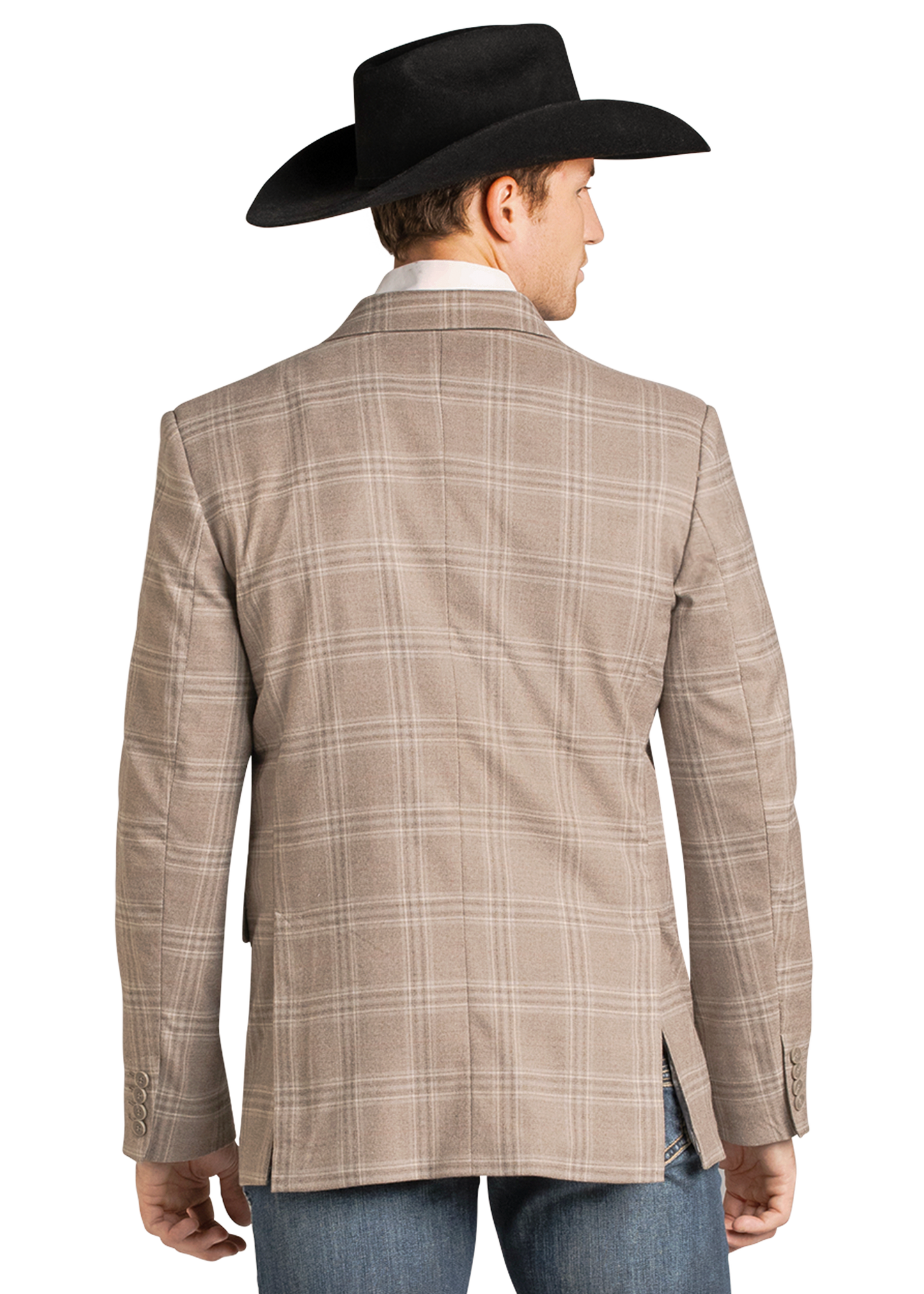 A man shown from the back wearing a beige plaid blazer, a black cowboy hat, and blue jeans against a plain white background.