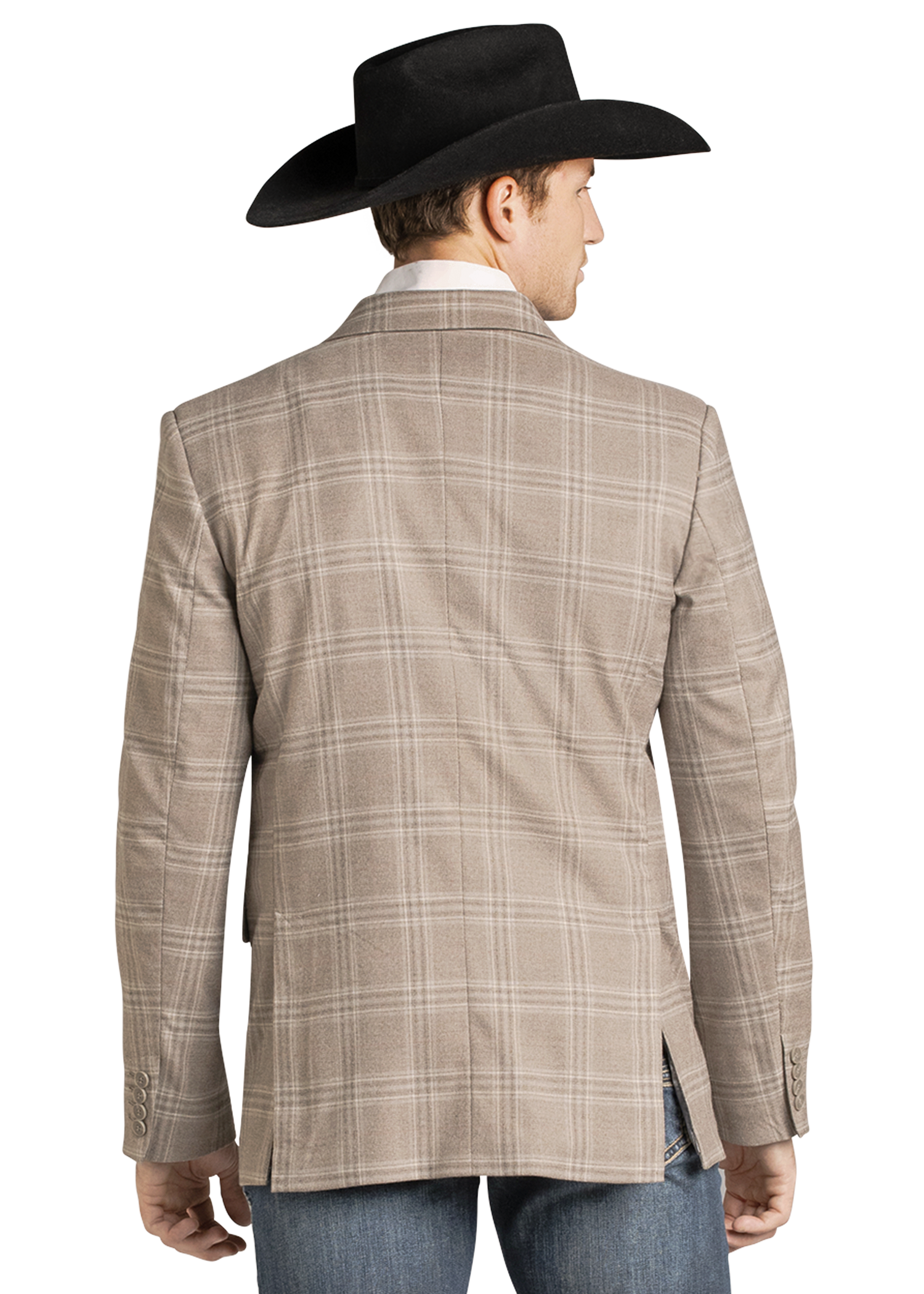 A man shown from the back wearing a beige plaid blazer, a black cowboy hat, and blue jeans against a plain white background.