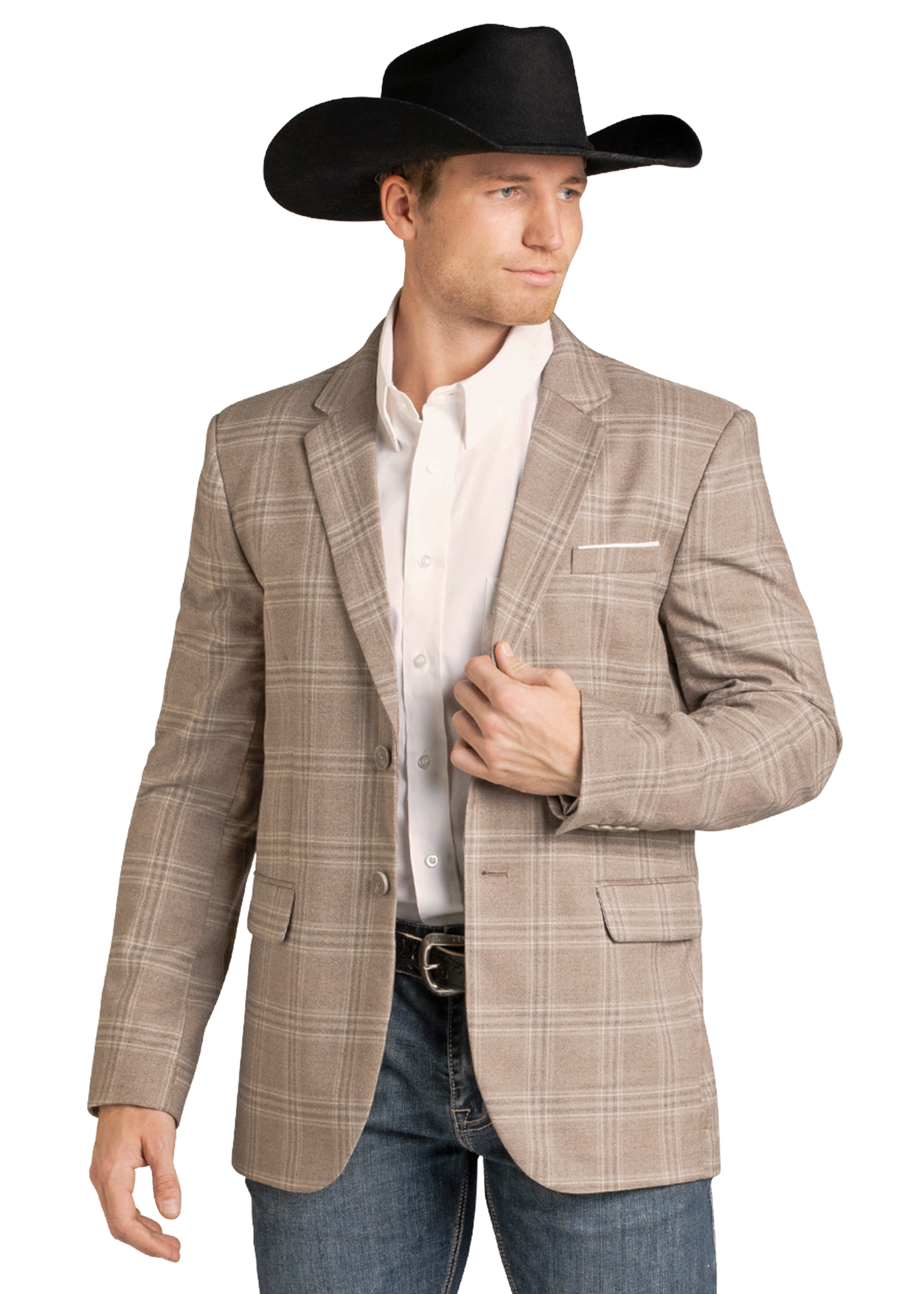 A man wearing a beige and brown plaid western blazer over a white button-down shirt, blue jeans, and a black cowboy hat, photographed against a plain white background.