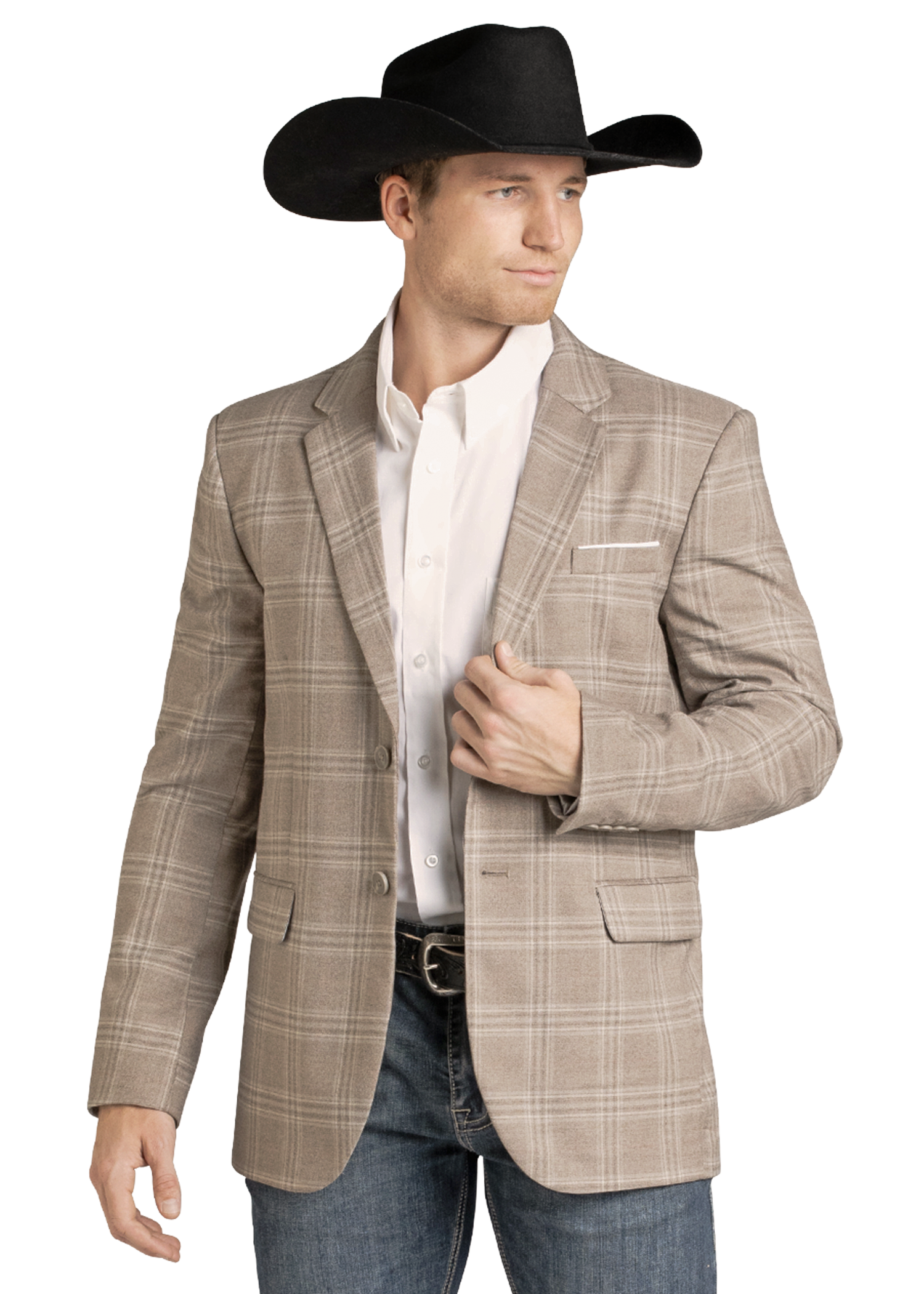 A man wearing a beige and brown plaid western blazer over a white button-down shirt, blue jeans, and a black cowboy hat, photographed against a plain white background.