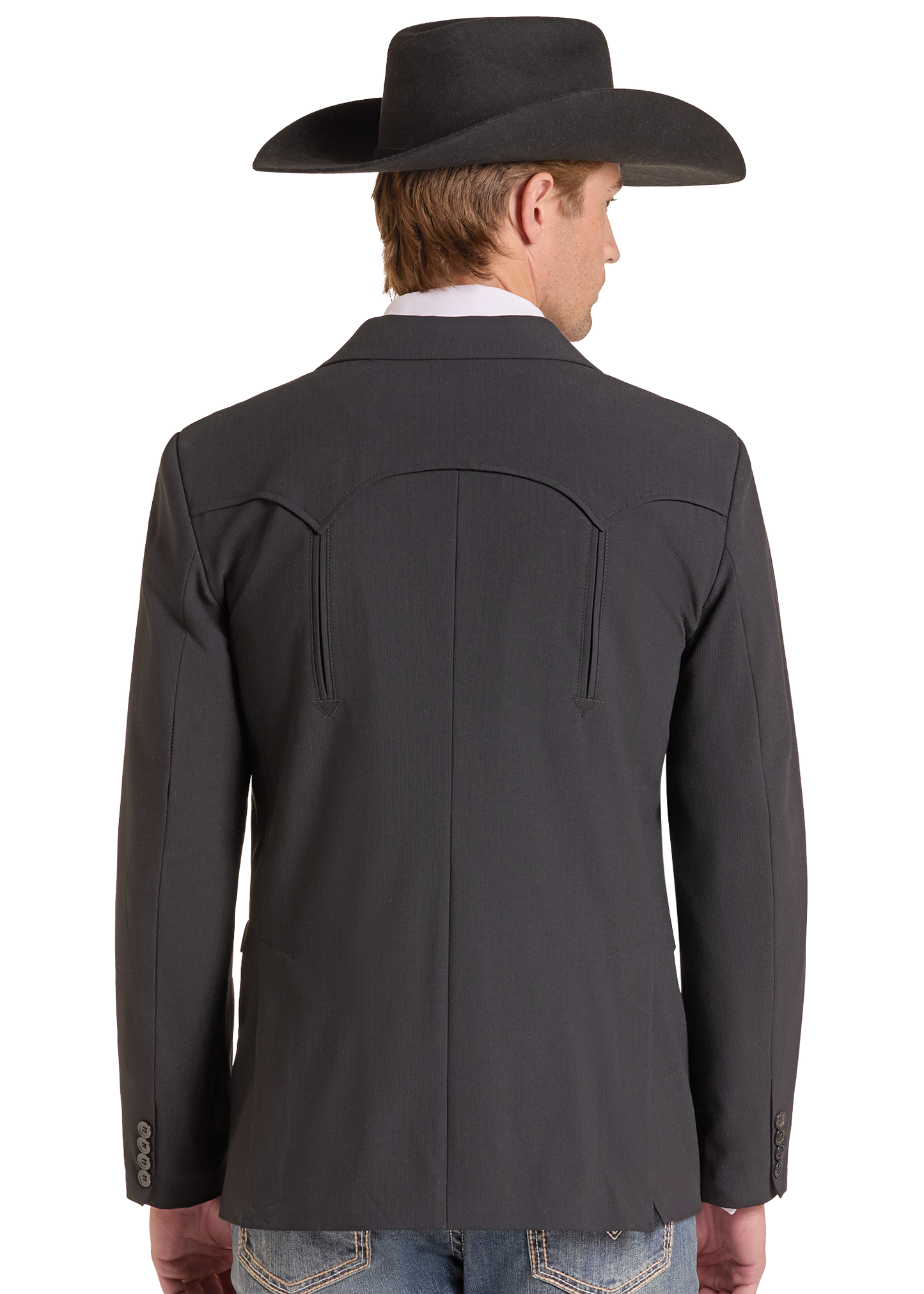 A man viewed from the back wearing a dark charcoal gray western blazer with distinctive stitching, a black cowboy hat, and blue jeans against a plain white background.