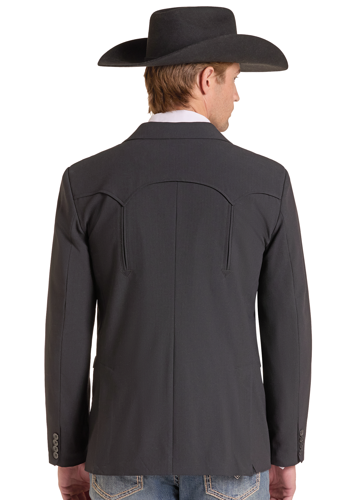 A man viewed from the back wearing a dark charcoal gray western blazer with distinctive stitching, a black cowboy hat, and blue jeans against a plain white background.