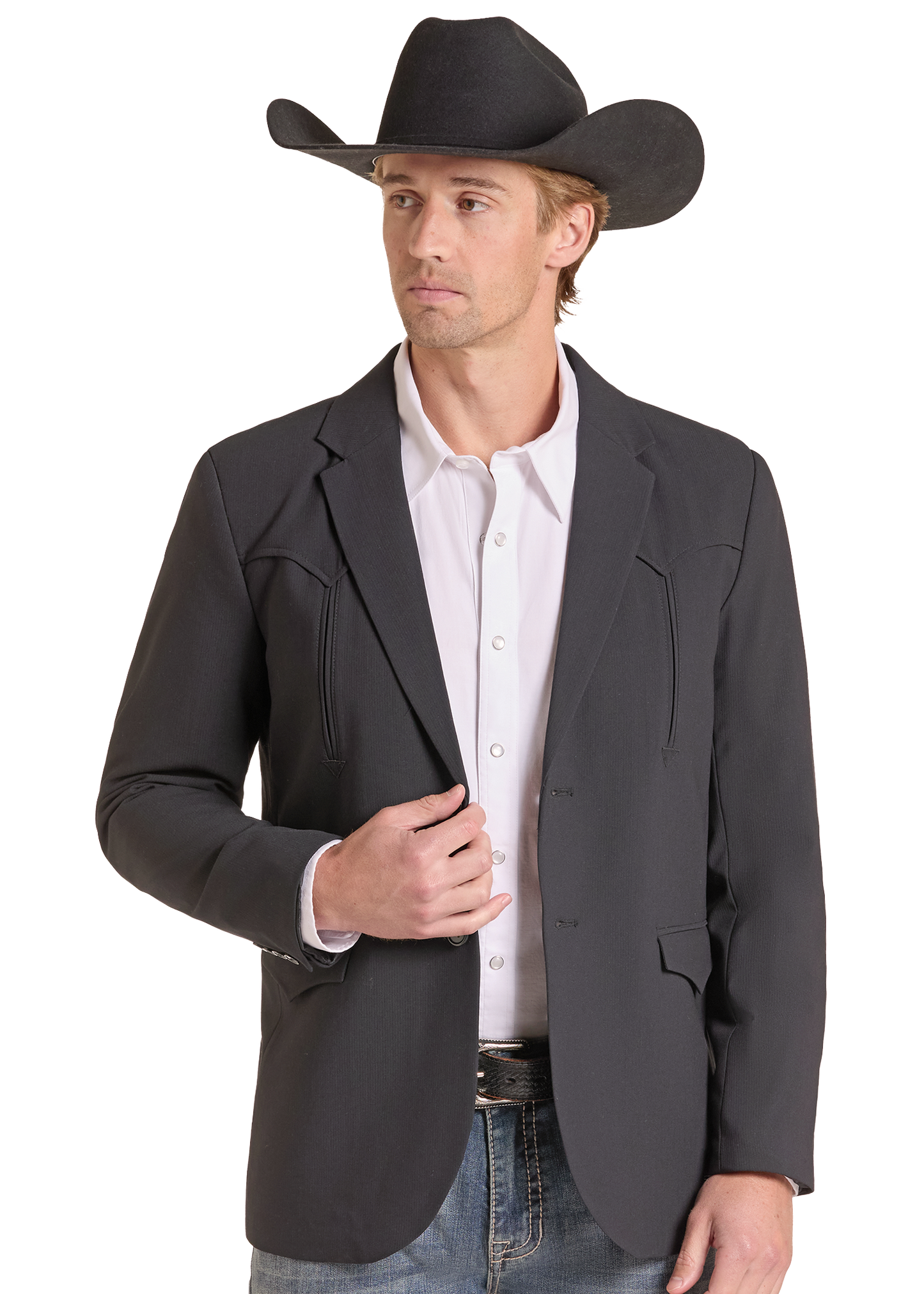 A man wearing a dark charcoal gray western blazer, a white button-down shirt, blue jeans, and a black cowboy hat, posed against a solid white background.
