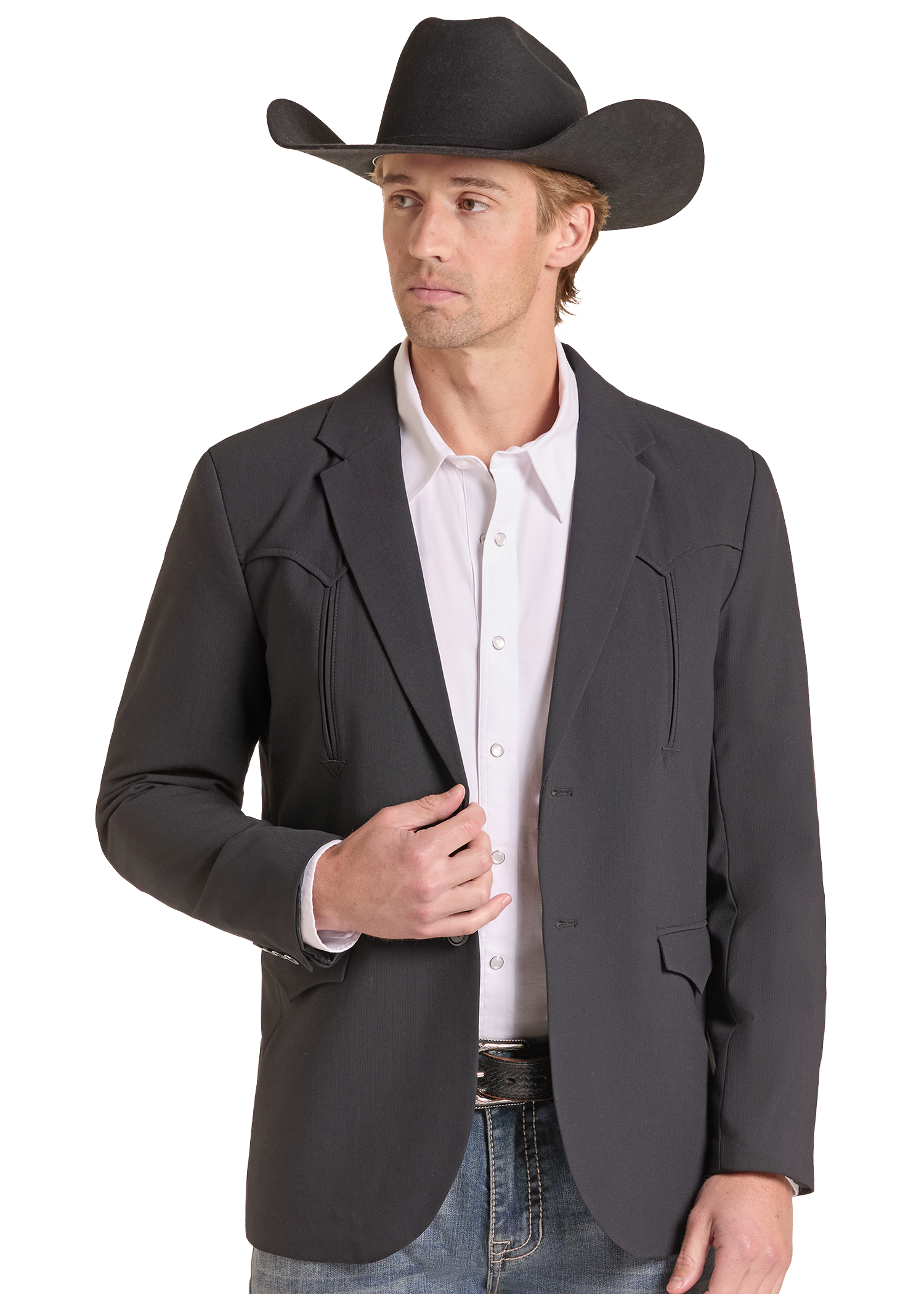 A man wearing a dark charcoal gray western blazer, a white button-down shirt, blue jeans, and a black cowboy hat, posed against a solid white background.