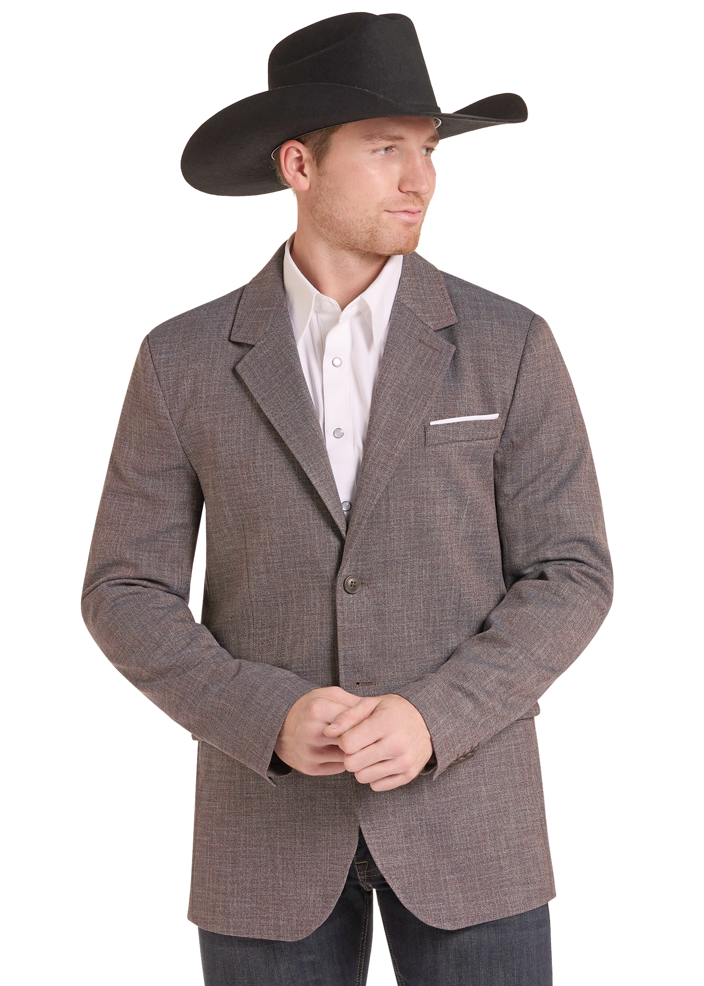 A man wearing a brown and gray micro-check blazer, a white dress shirt, and a black cowboy hat, standing against a white background.