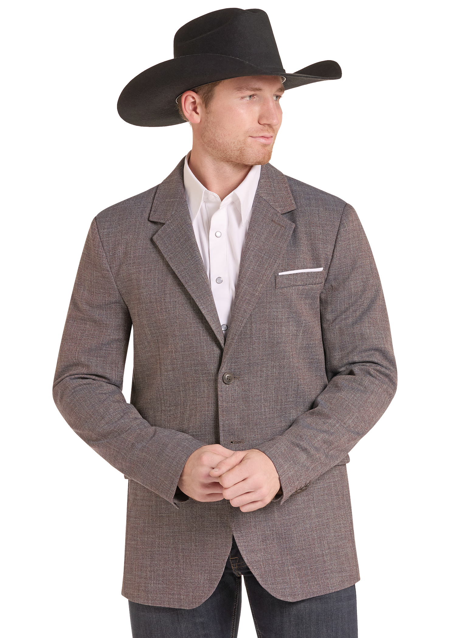 A man wearing a brown and gray micro-check blazer, a white dress shirt, and a black cowboy hat, standing against a white background.