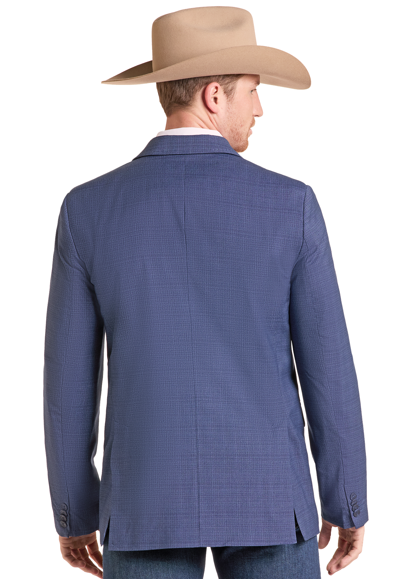 A man shown from the back wearing a blue textured blazer and a tan cowboy hat, photographed against a plain white background.