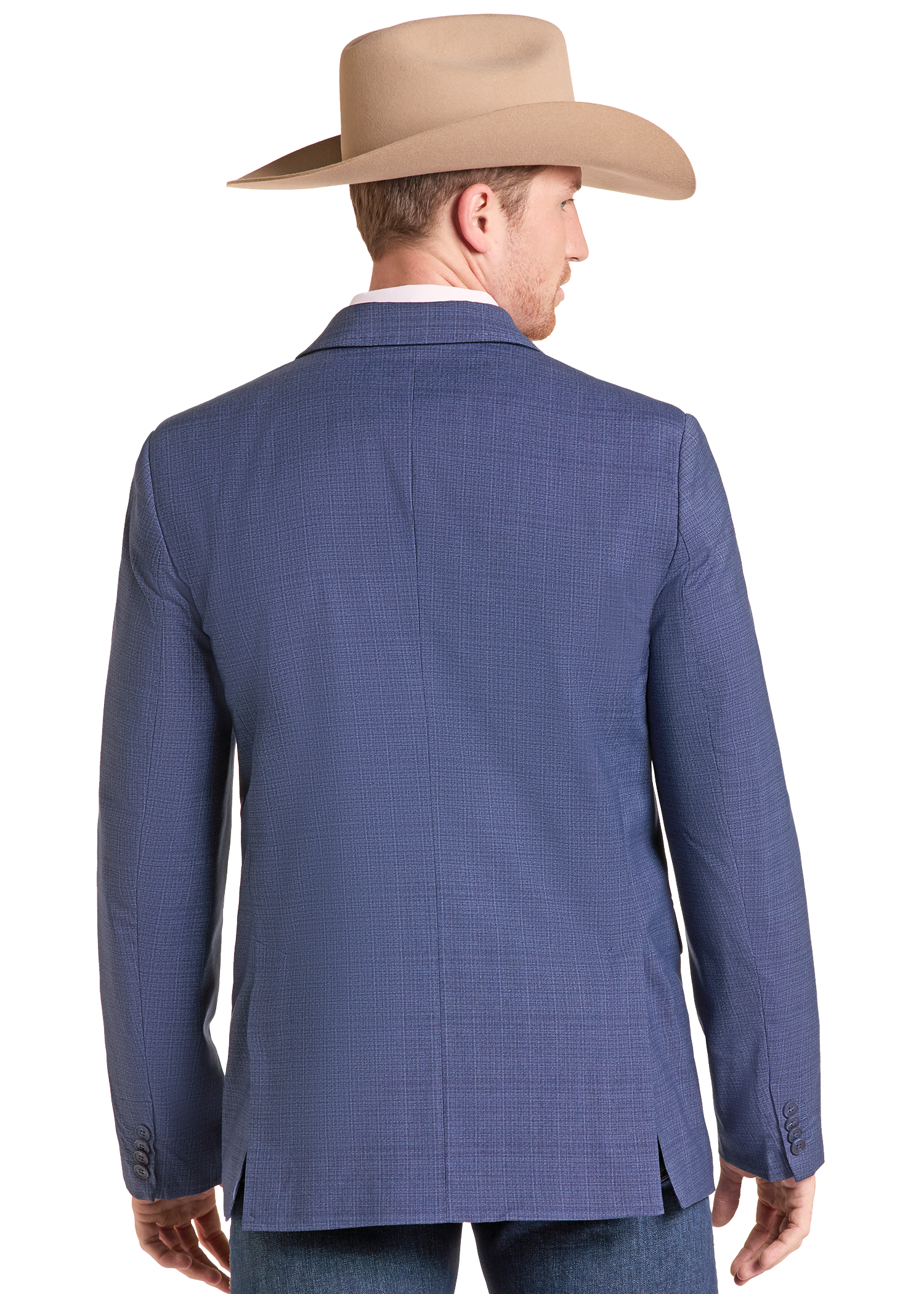 A man shown from the back wearing a blue textured blazer and a tan cowboy hat, photographed against a plain white background.
