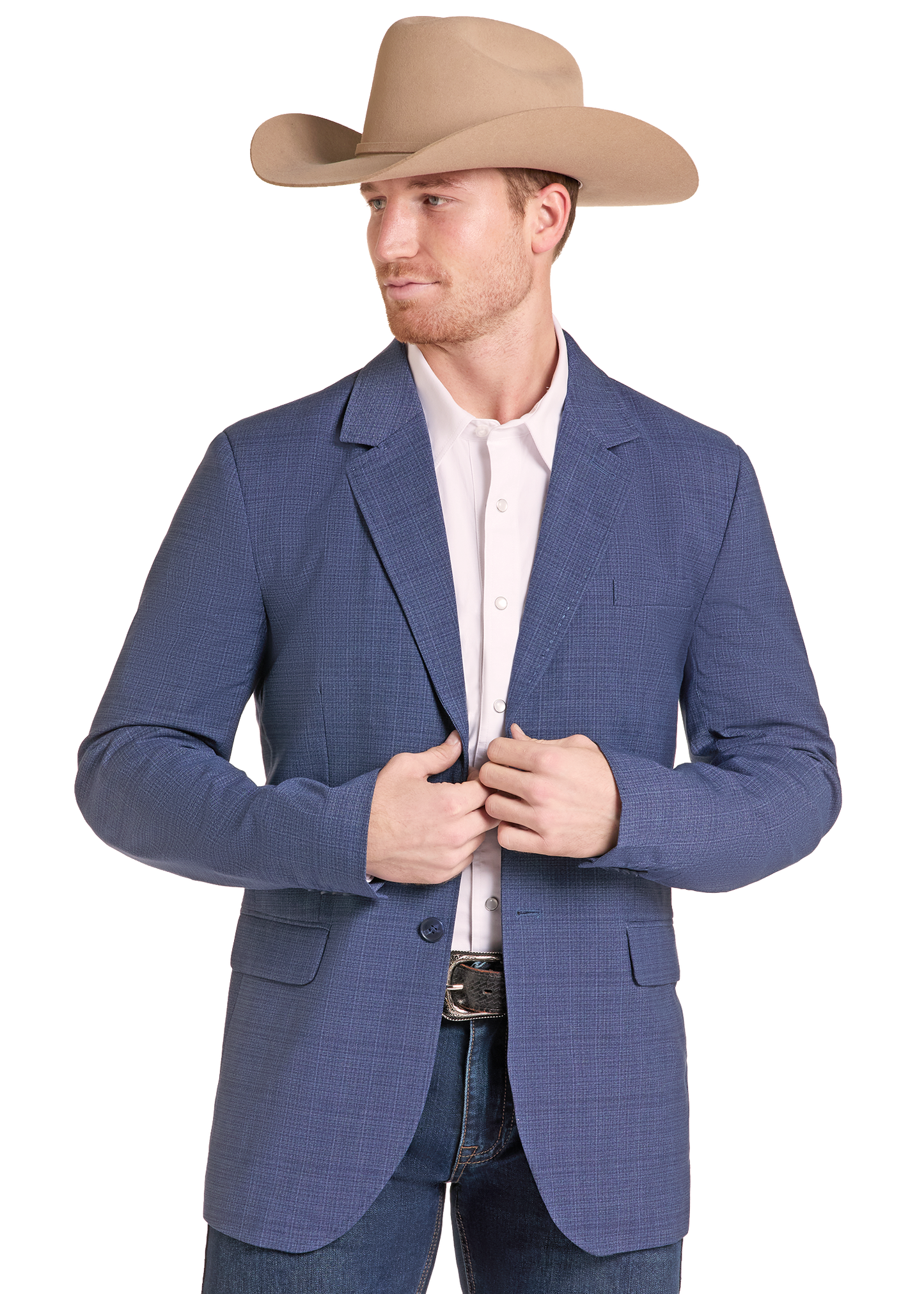 A man wearing a blue textured blazer, a white dress shirt, blue jeans, and a tan cowboy hat, shown against a plain white background.