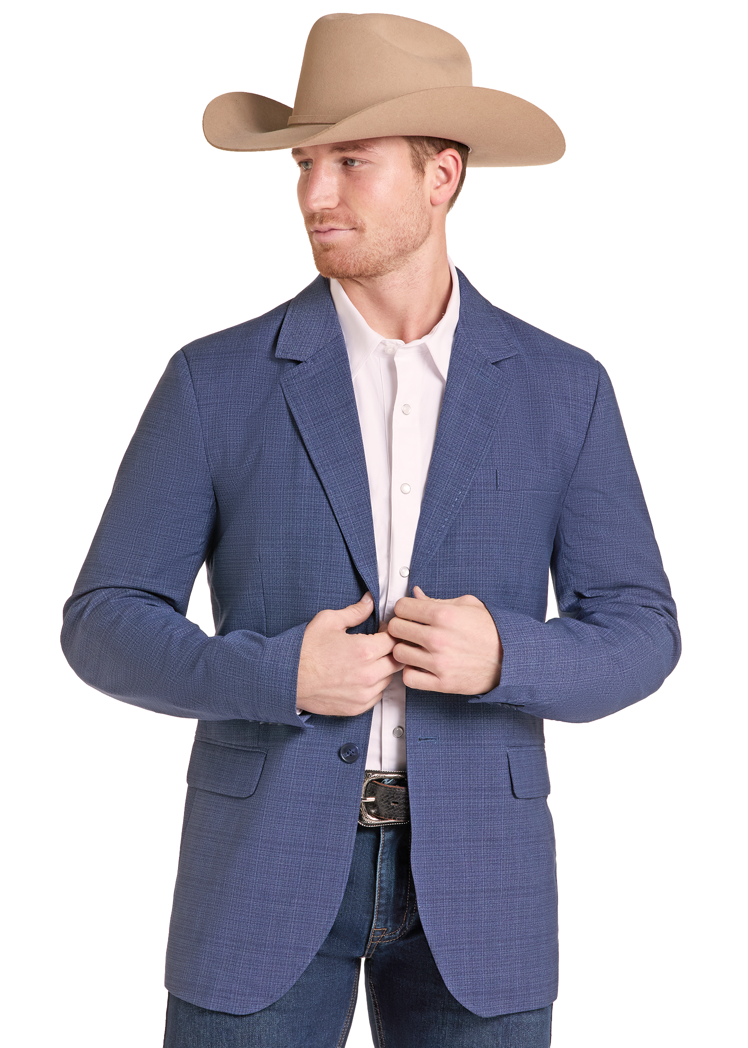 A man wearing a blue textured blazer, a white dress shirt, blue jeans, and a tan cowboy hat, shown against a plain white background.
