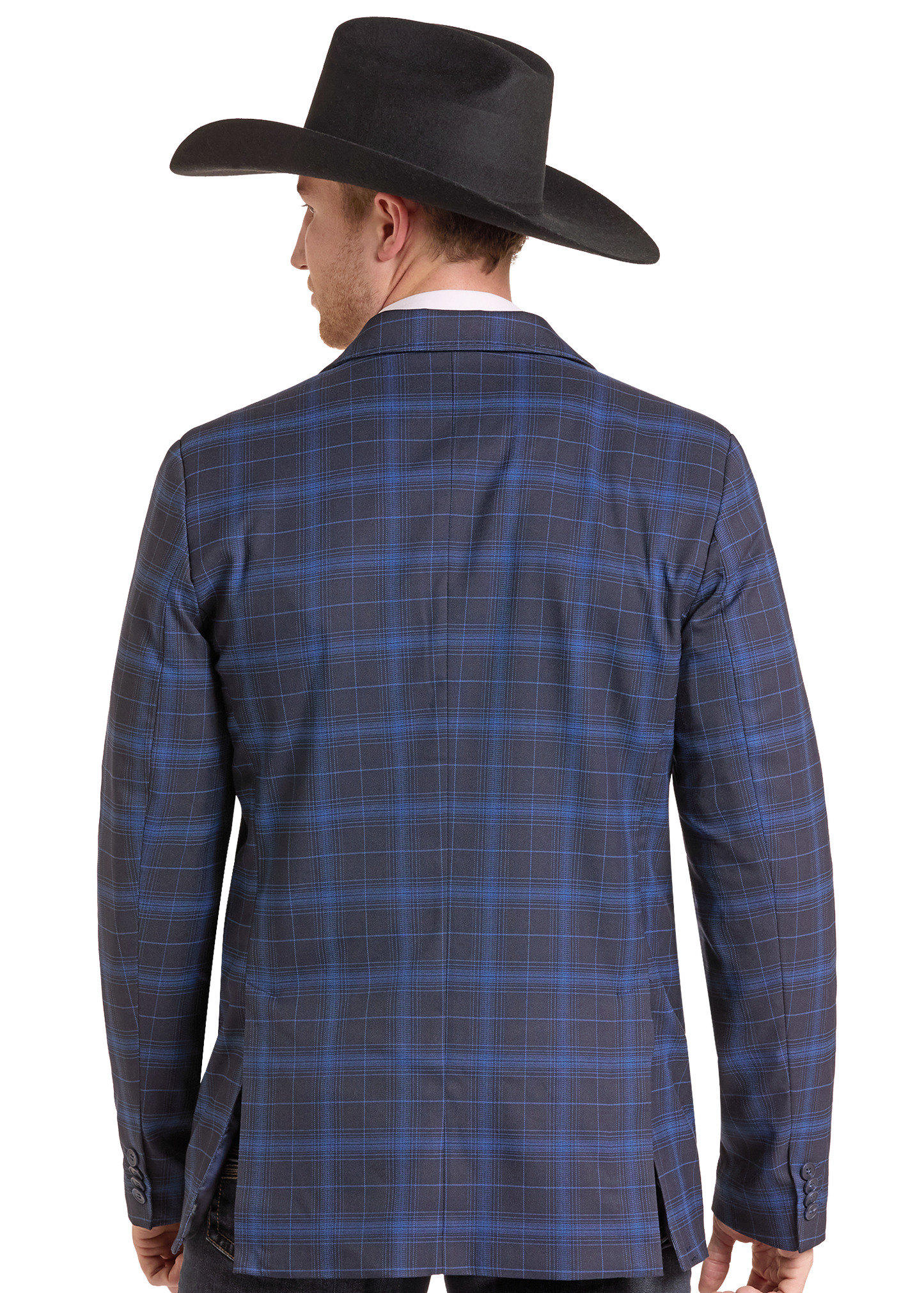 A man shown from the back wearing a blue and gray plaid blazer and a black cowboy hat, photographed against a plain white studio background.