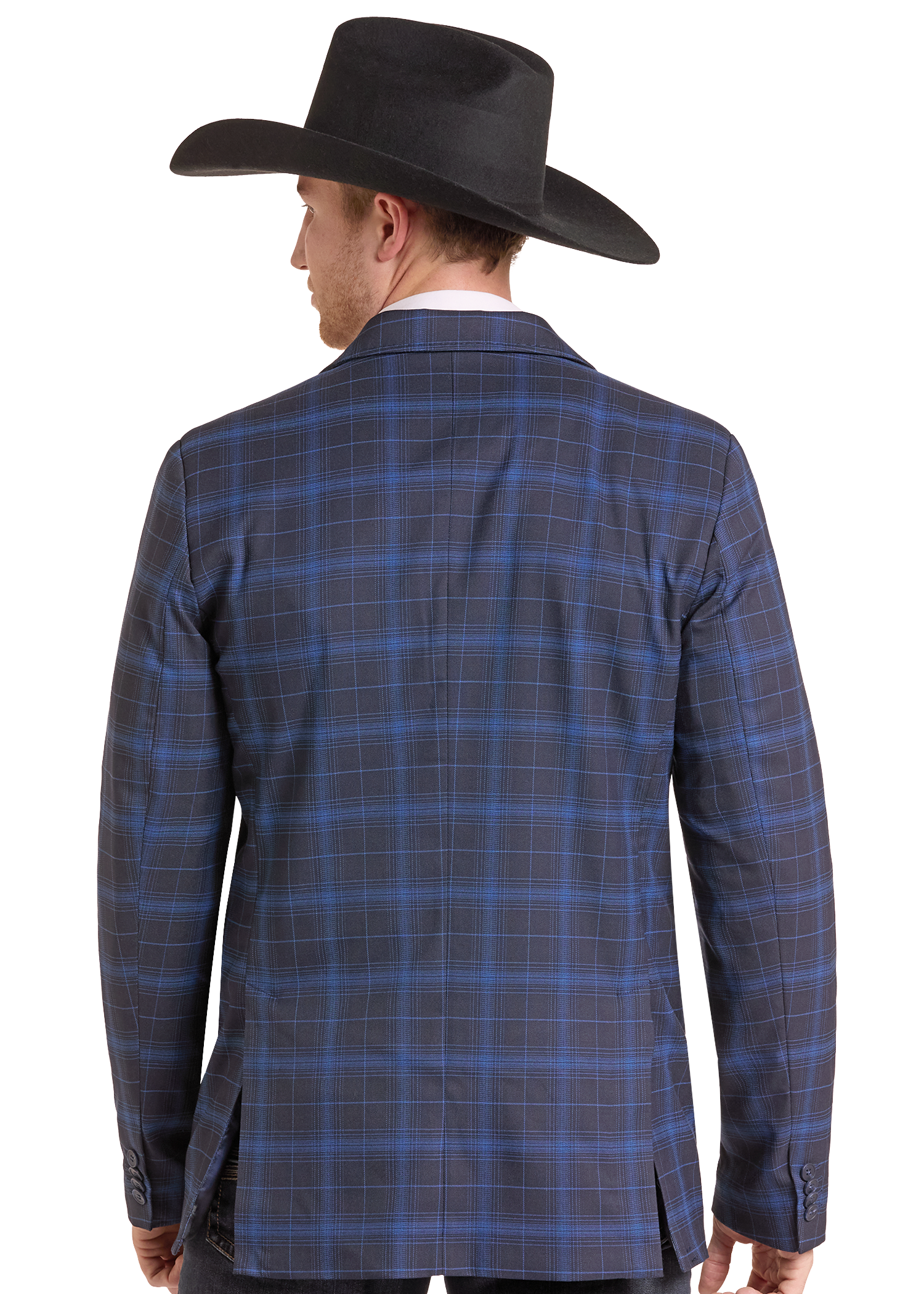 A man shown from the back wearing a blue and gray plaid blazer and a black cowboy hat, photographed against a plain white studio background.