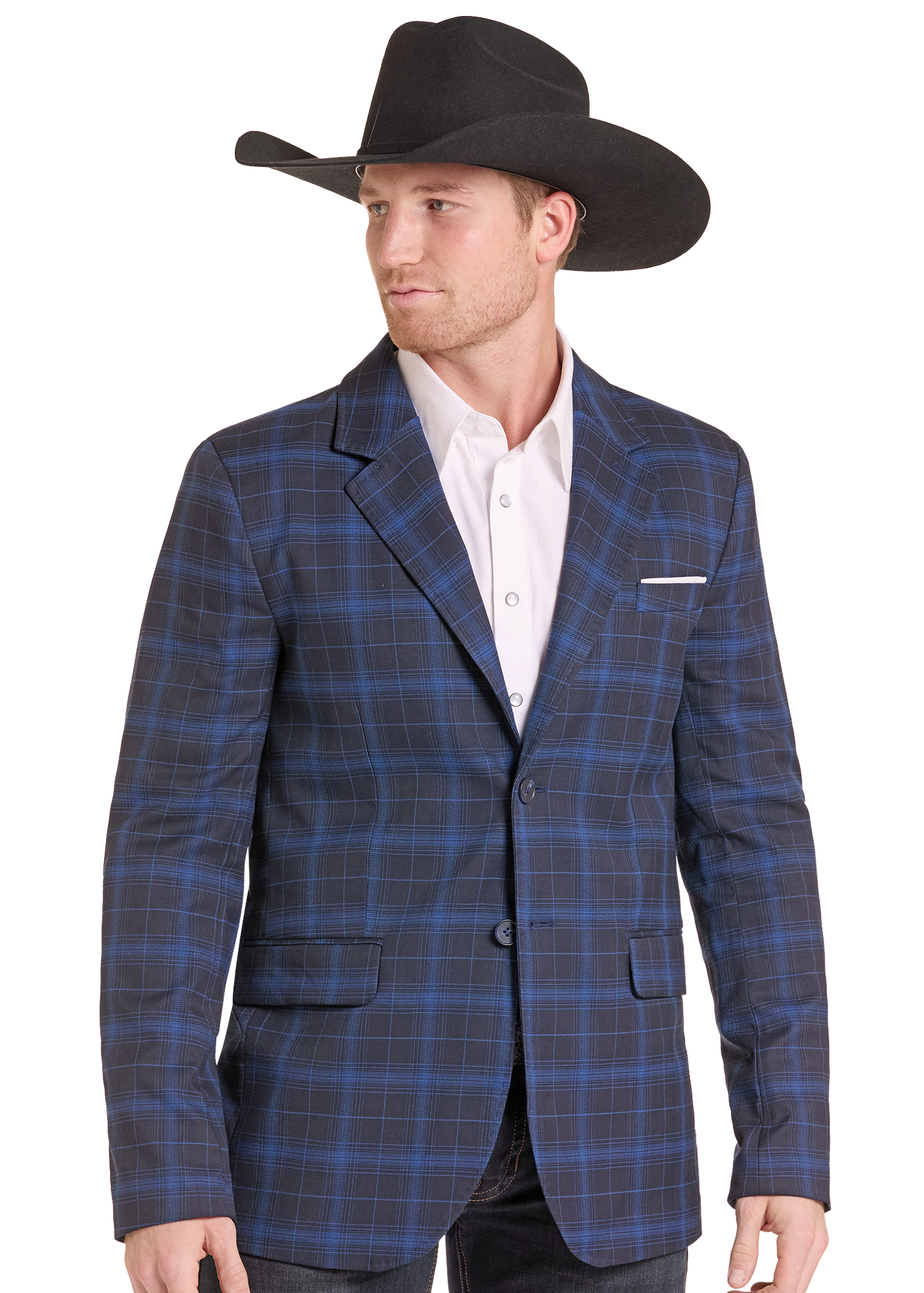 A man wearing a blue and navy plaid blazer over a white button-down shirt, paired with a black cowboy hat, shown against a plain white background.