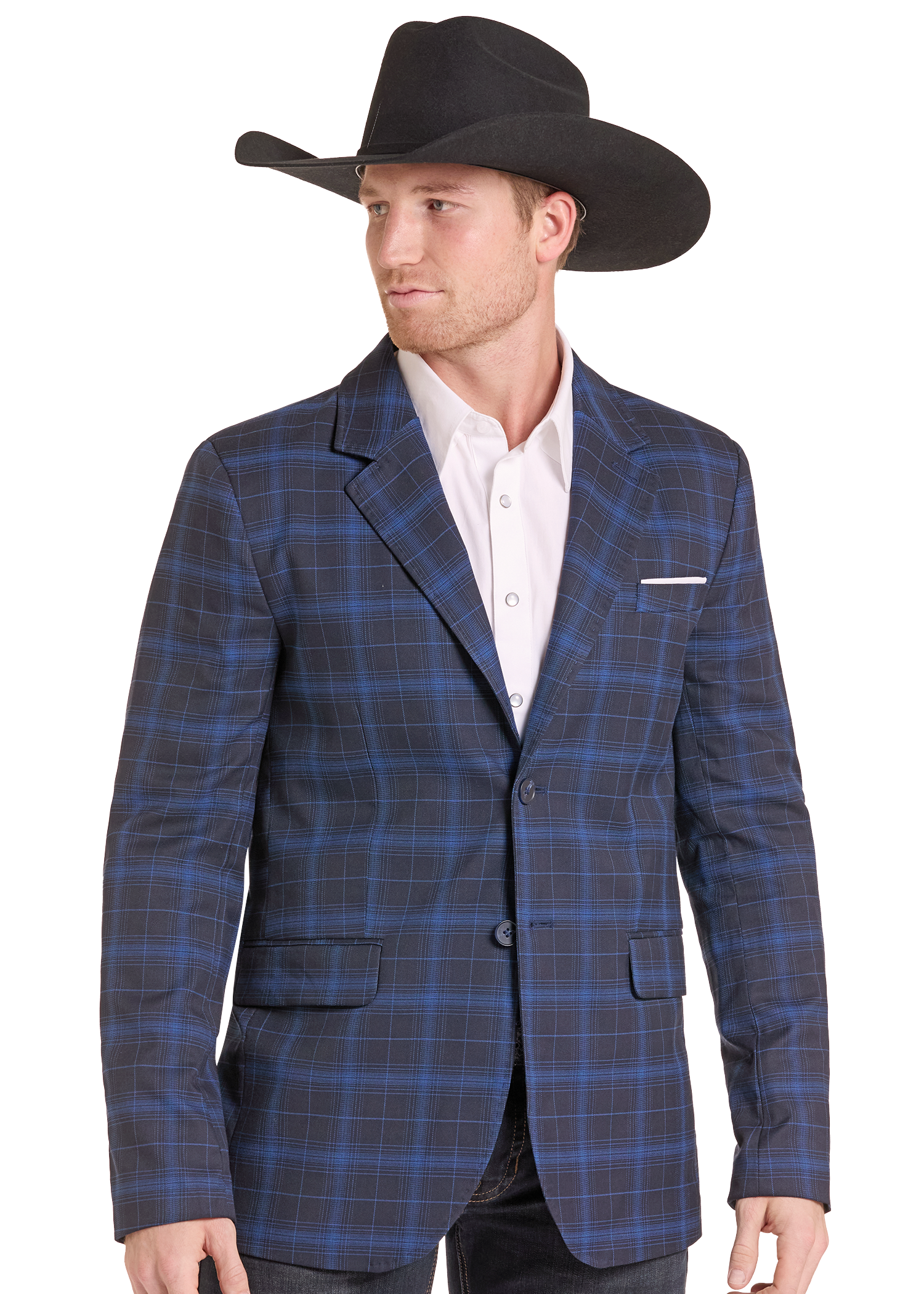 A man wearing a blue and navy plaid blazer over a white button-down shirt, paired with a black cowboy hat, shown against a plain white background.