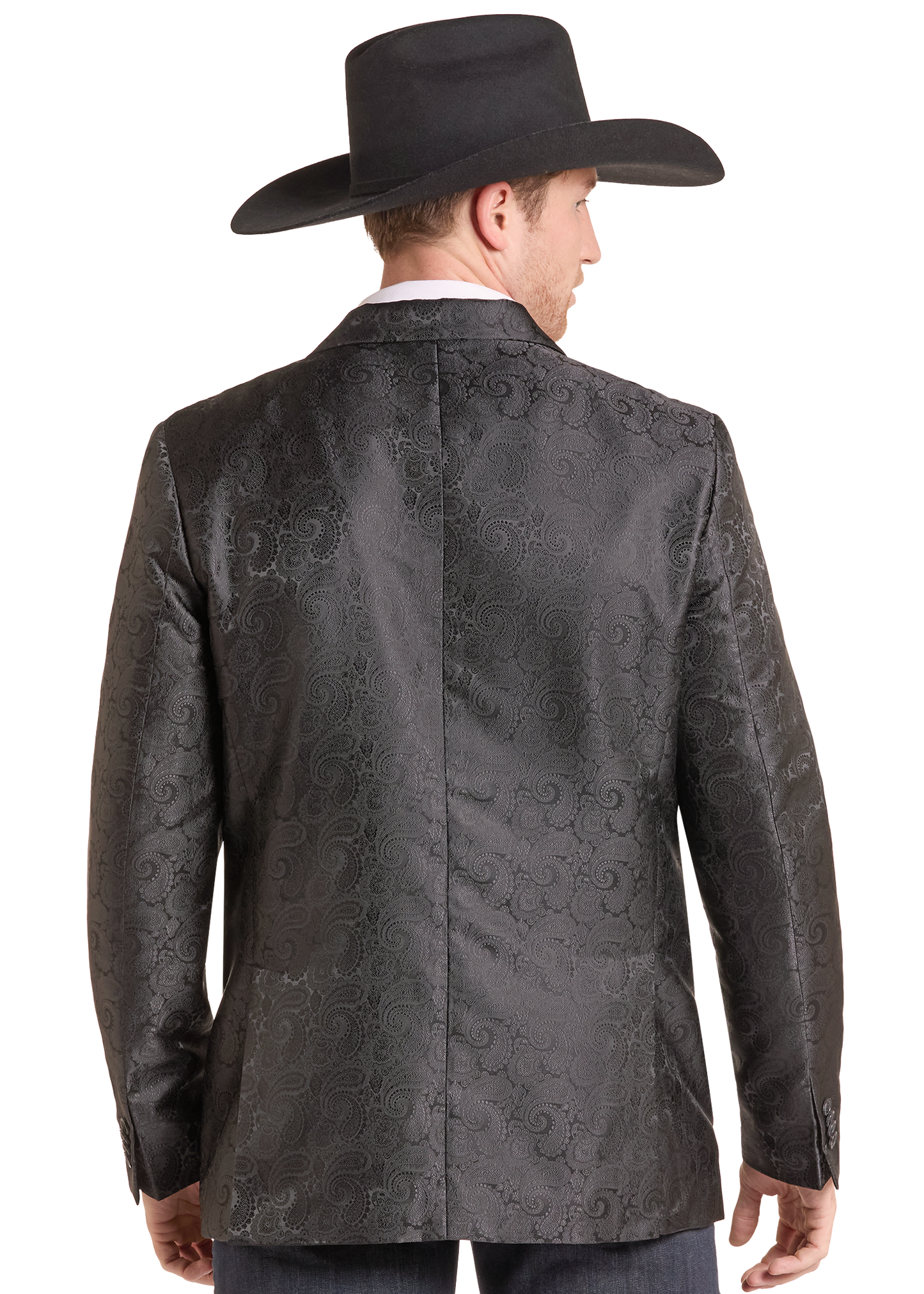 A man wearing a black cowboy hat and a dark charcoal gray patterned blazer, shown from the back against a white background.