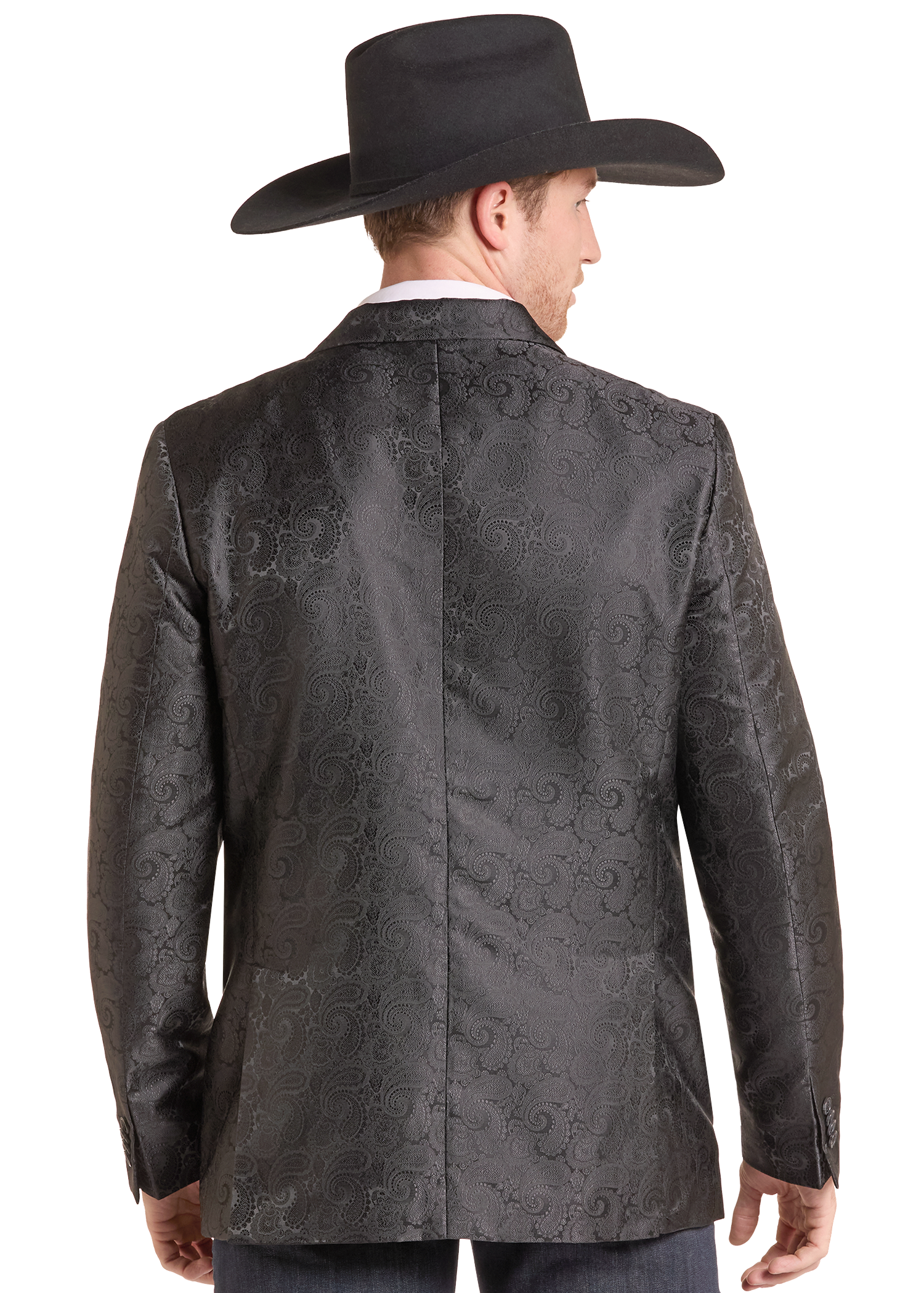 A man wearing a black cowboy hat and a dark charcoal gray patterned blazer, shown from the back against a white background.