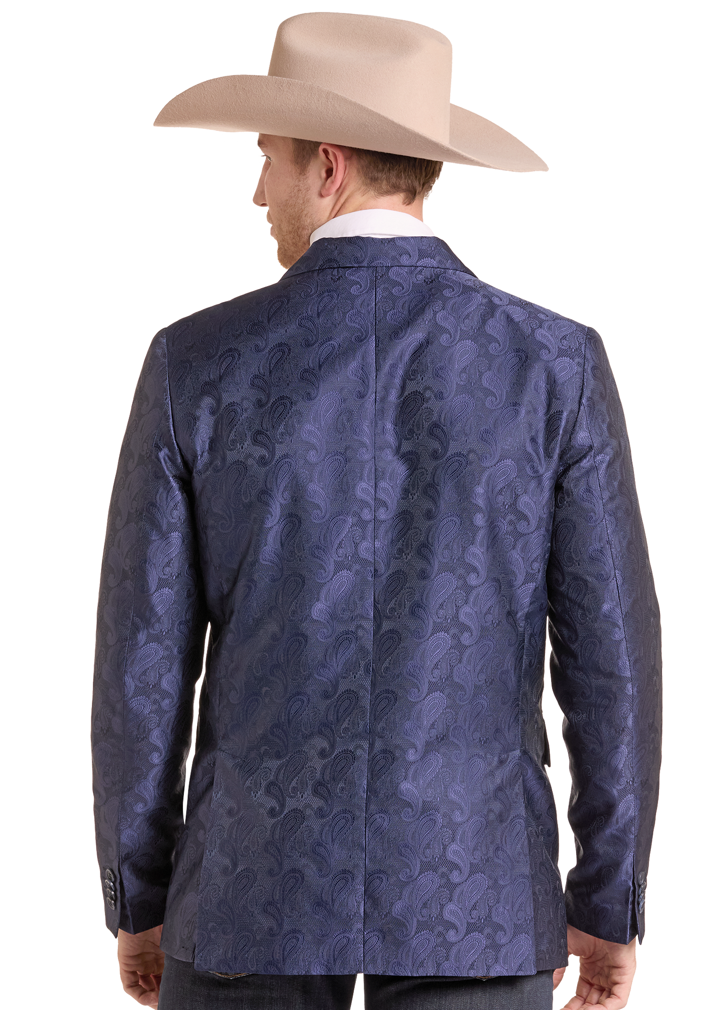 A man shown from the back wearing a textured navy blue patterned blazer and a beige cowboy hat, photographed against a solid white background.