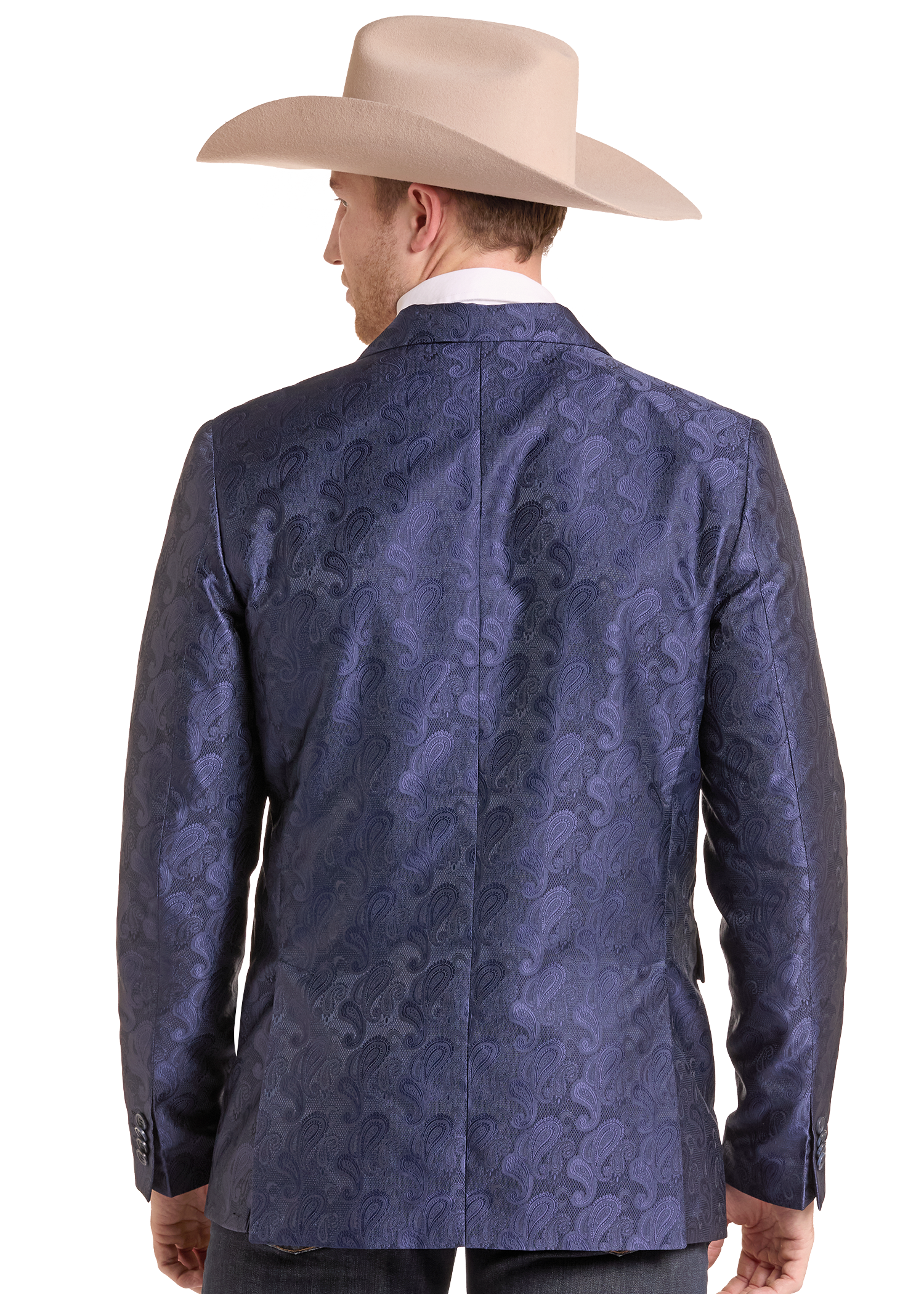A man shown from the back wearing a textured navy blue patterned blazer and a beige cowboy hat, photographed against a solid white background.