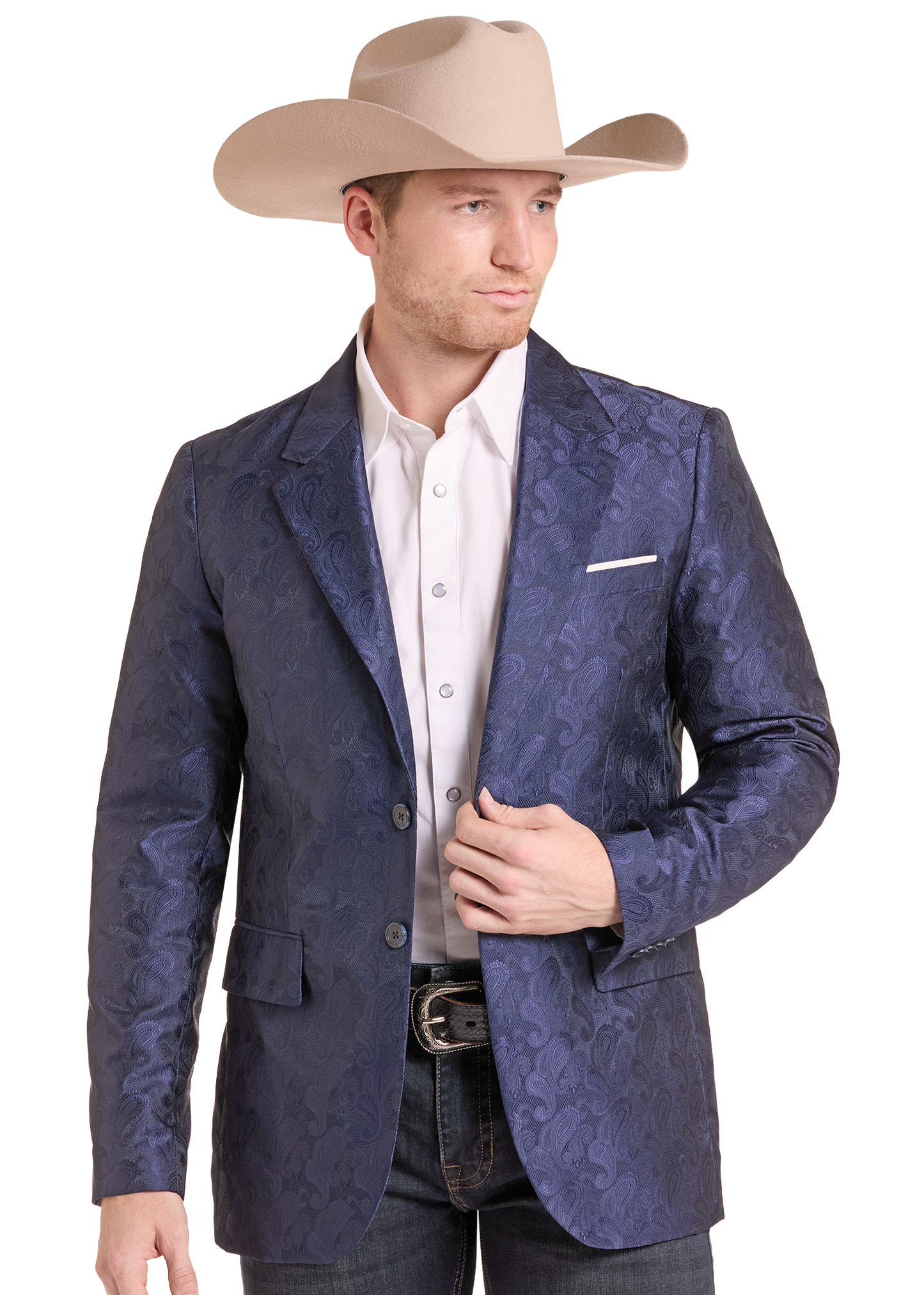A man wearing a navy blue patterned blazer, a white dress shirt, dark jeans, and a beige cowboy hat, shown against a plain white background.