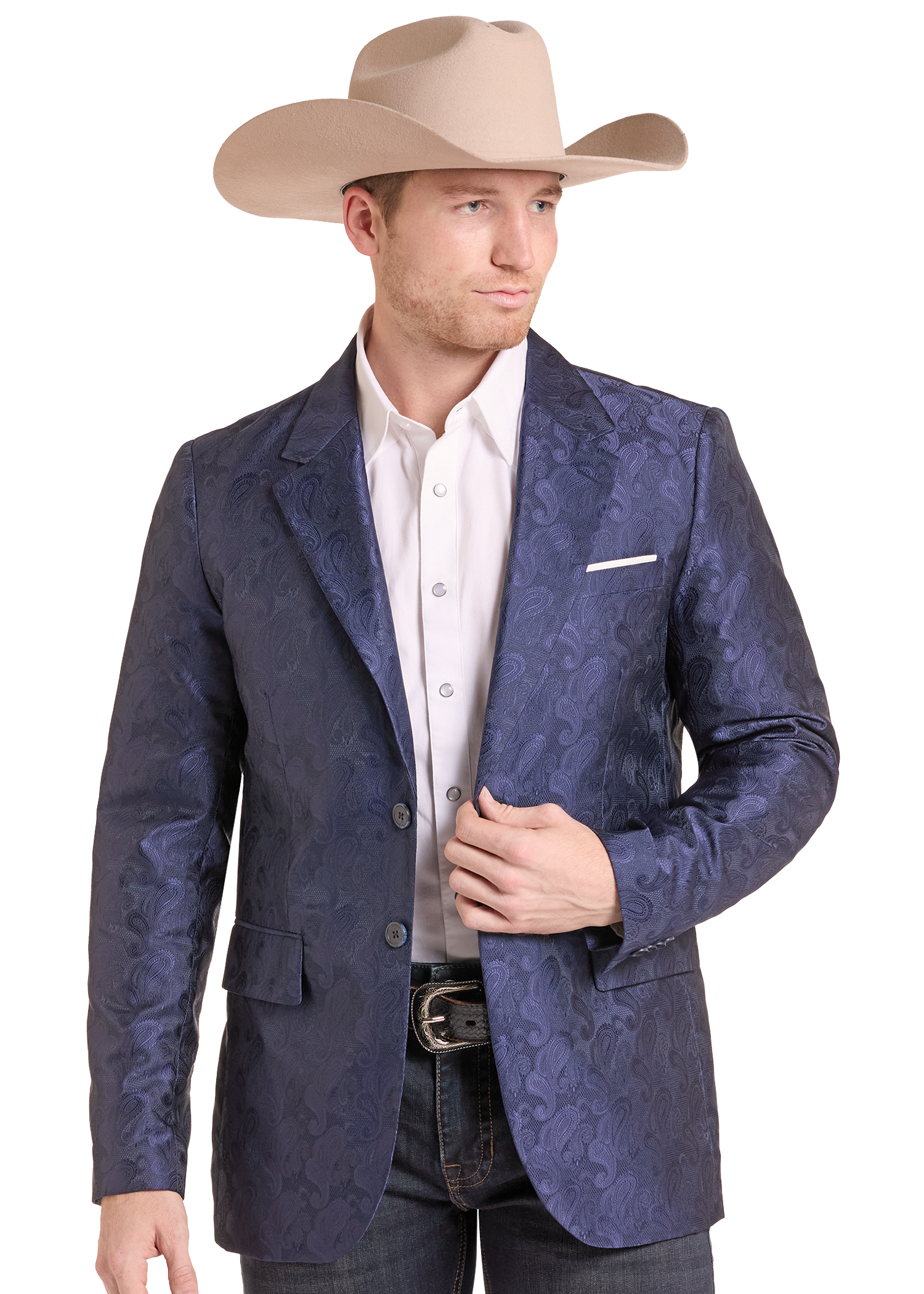A man wearing a navy blue patterned blazer, a white dress shirt, dark jeans, and a beige cowboy hat, shown against a plain white background.