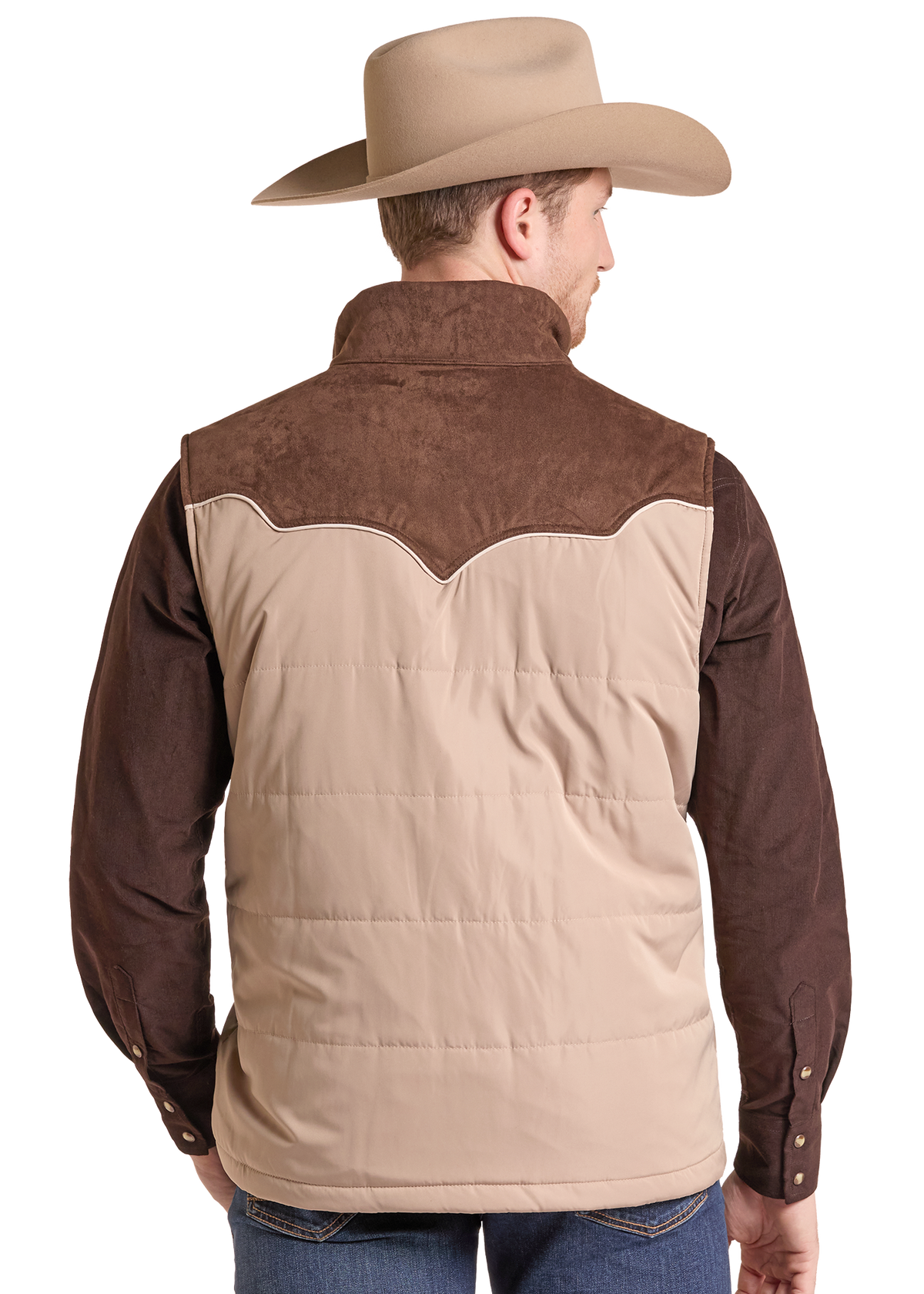 A man shown from the back wearing a tan and brown western-style quilted vest over a dark brown long-sleeve shirt, paired with a tan cowboy hat and blue jeans, against a plain white background.